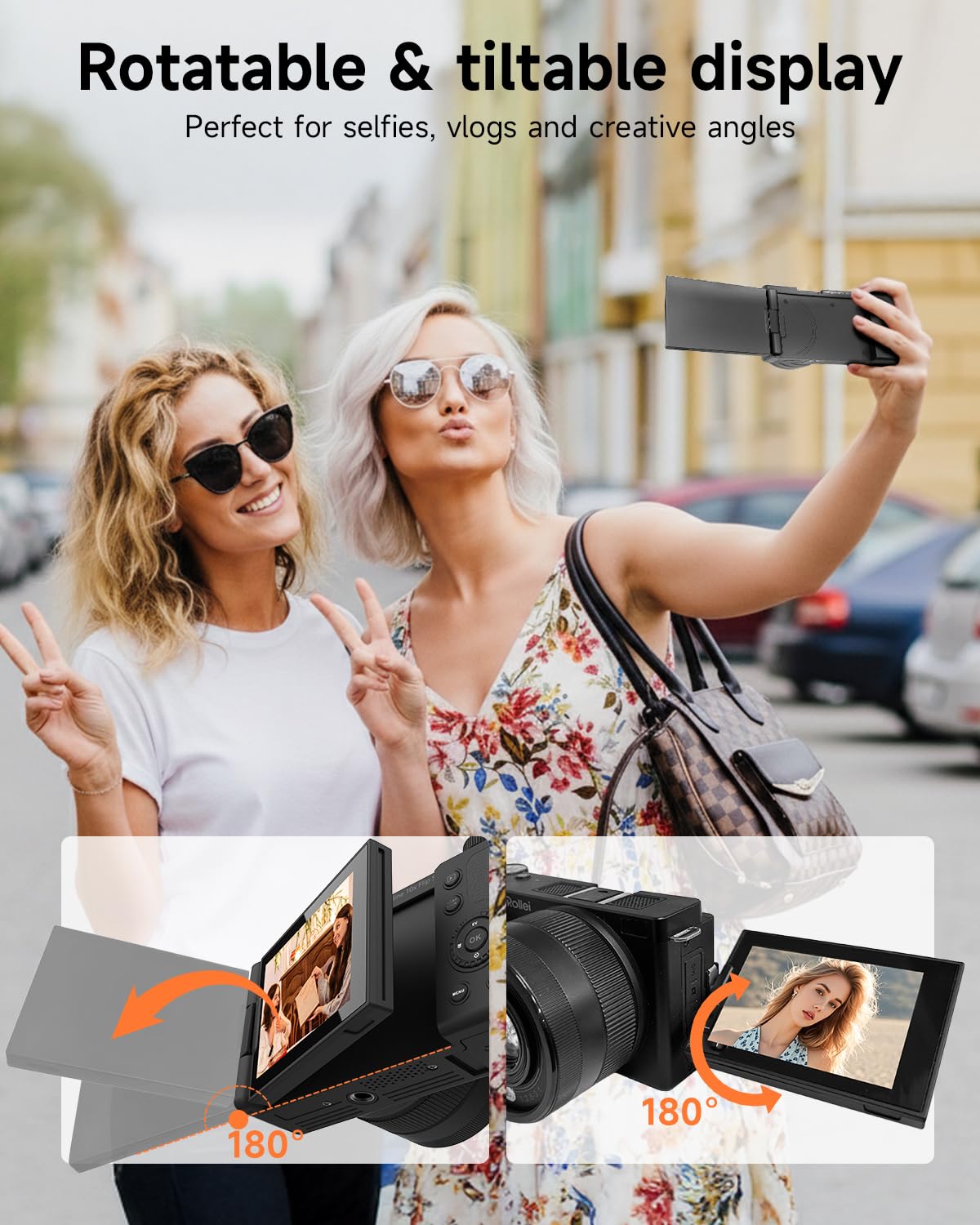 Rollei Compactline 10 x Flip Screen aparat cyfrowy 64 MP 4K aparat fotograficzny 10 x zoom optyczny do selfie aparat fotograficzny z ekranem 180° Flip Screen 2,88" dla nastolatków, dla początkujących