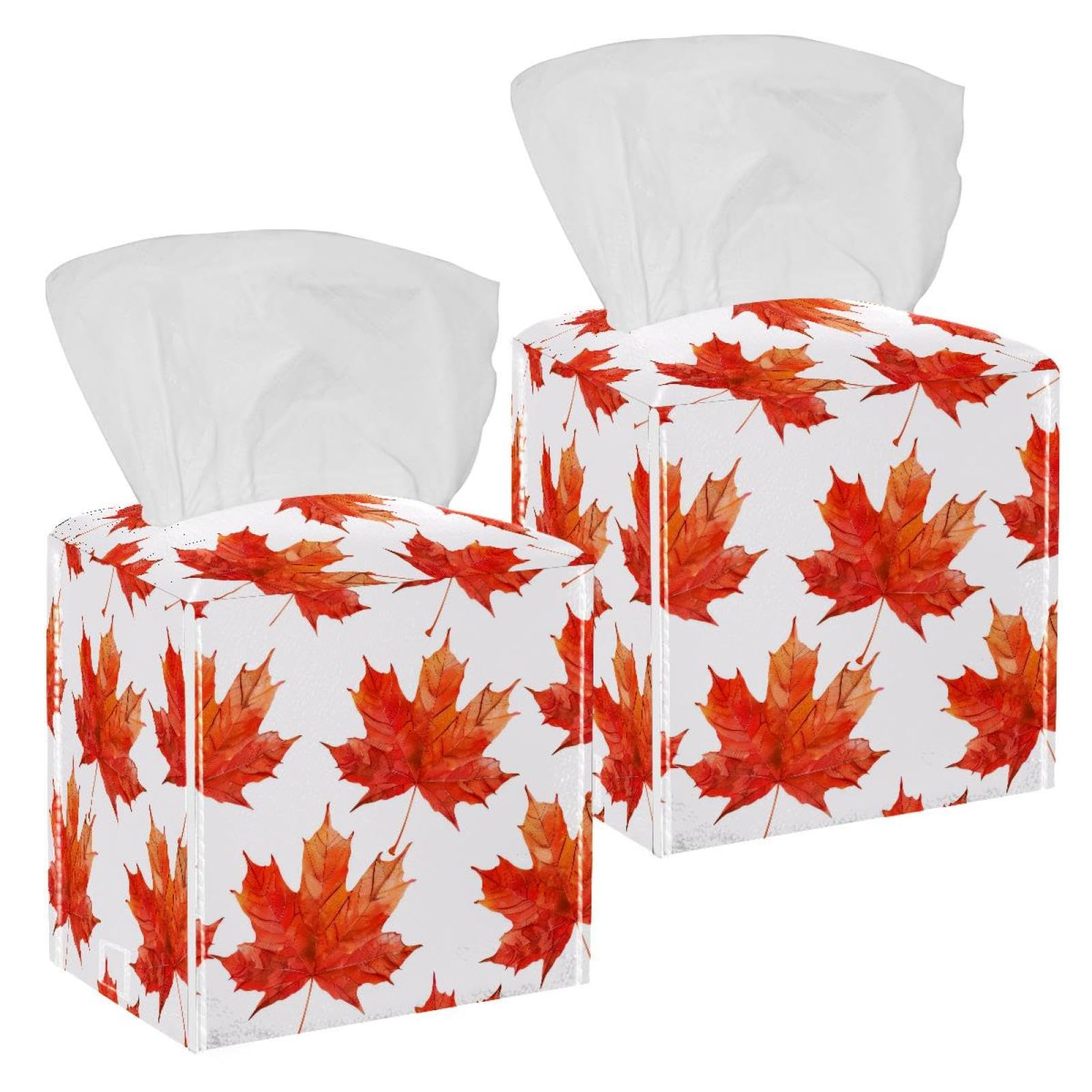 Maple Leaves Tissue Box Cover, 2 Pack PU Leather Square Facial Tissue Dispenser Box holder for Home Office Car
