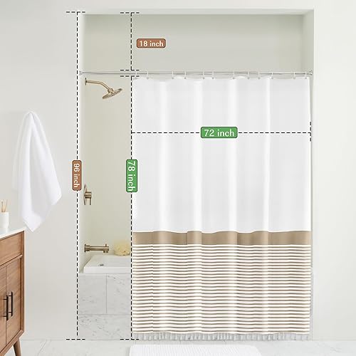 Miniatura 7 de Seasonwood Cortina de ducha alta de 78 pulgadas de alto, cortina de ducha blanca y beige con borlas, repelente al agua, sin arrugas