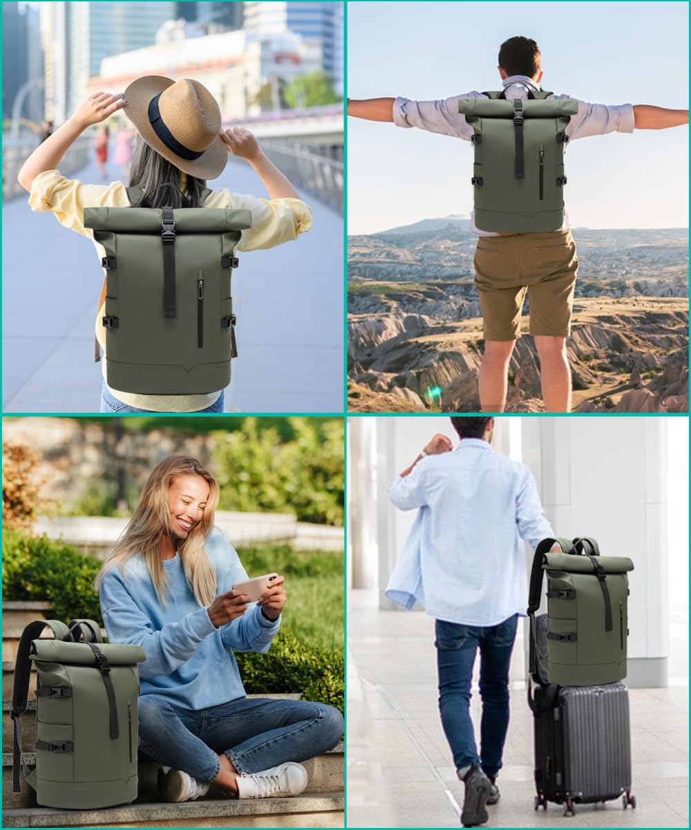 Rolltop Rucksack Groß 33L Wasserdichte Laptop Rucksack Herren Damen 15 Zoll Schulrucksack Leicht Fahrradrucksack Anti-Diebstahl Sportrucksack für Reisen Radfahren Uni Freizeit-Grün