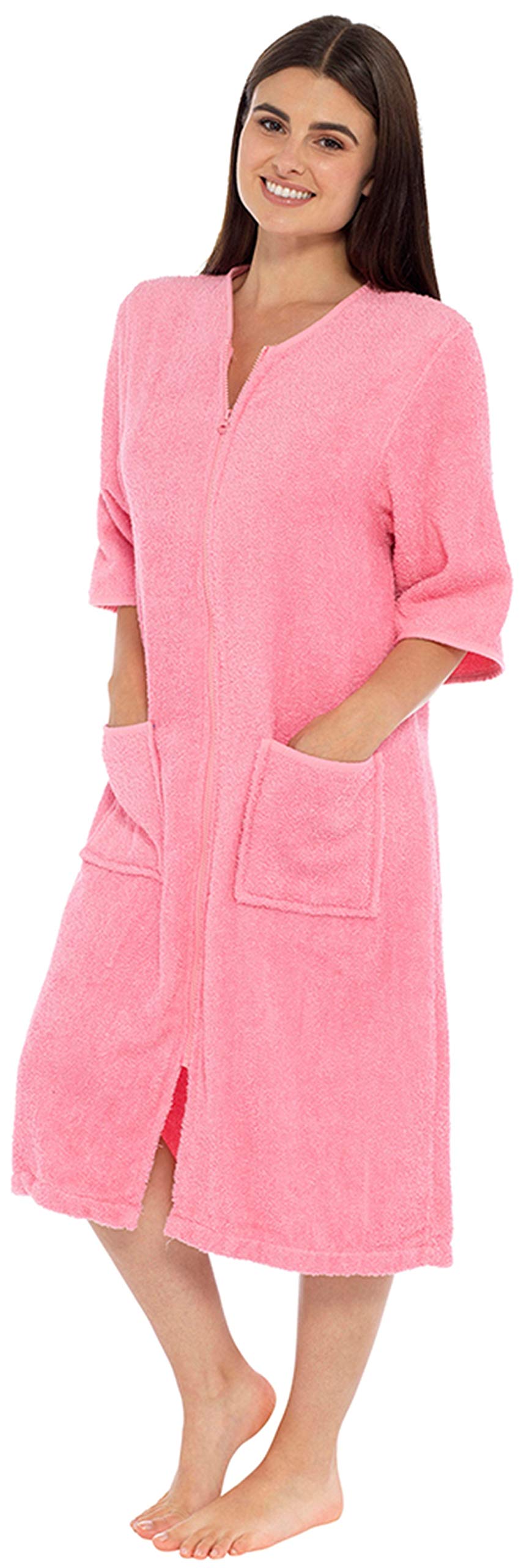 BRANDBUYS Ladies Terry Towelling Cotton Dressing Gown Bathrobe Highly Absorbent Women Hooded and Shawl Towel Bath Wrap (12-14, Pink Zipped (no Belt))