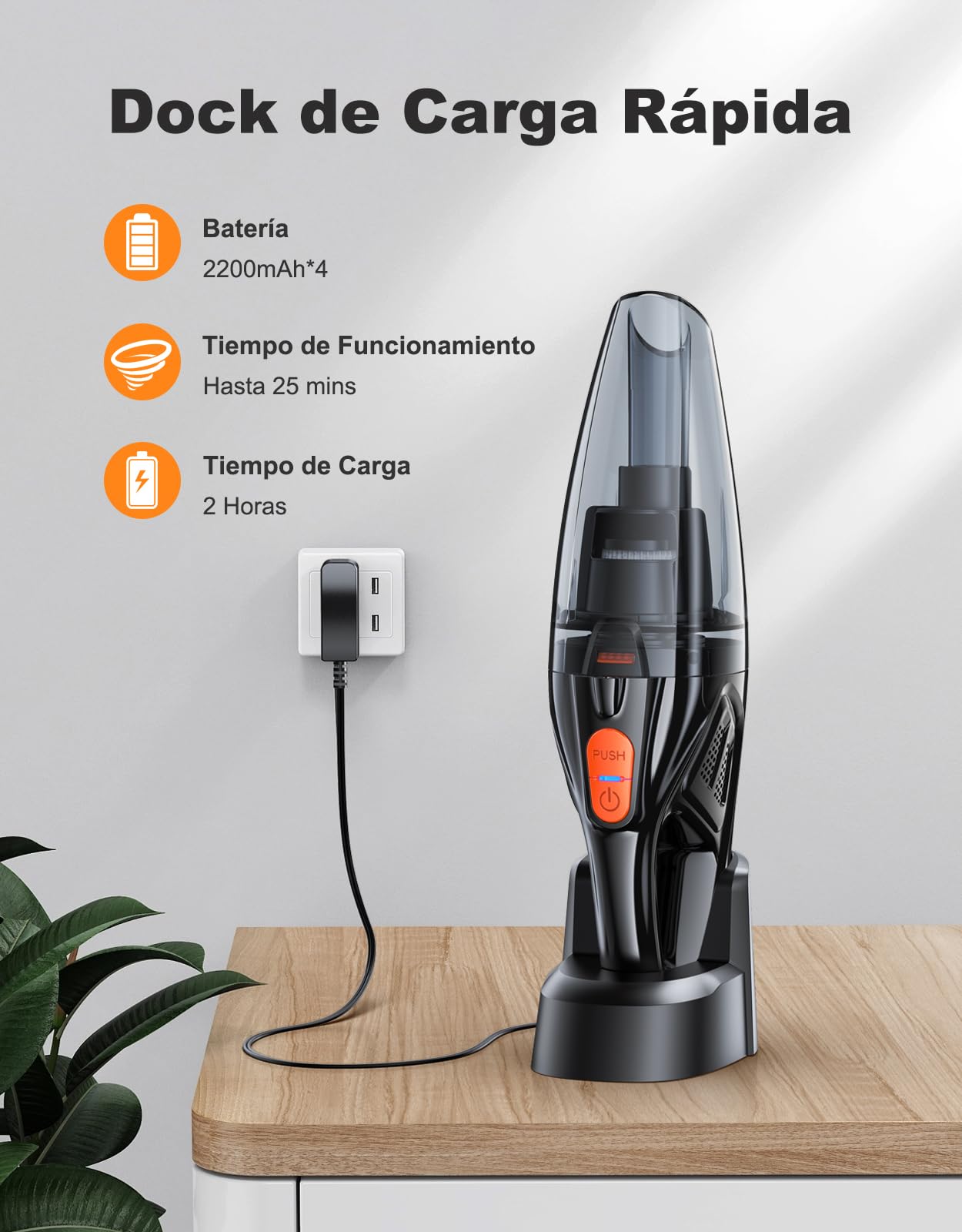 Aspirador de Mano con Dock de Carga Rápida, 9000PA Aspirador Coche Potente Sin Cable con Luz LED & 2 Filtros HEPA, Mini Aspiradora Mano para Uso Seco y Húmedo en Casa/Coche/Oficina/Mascotas