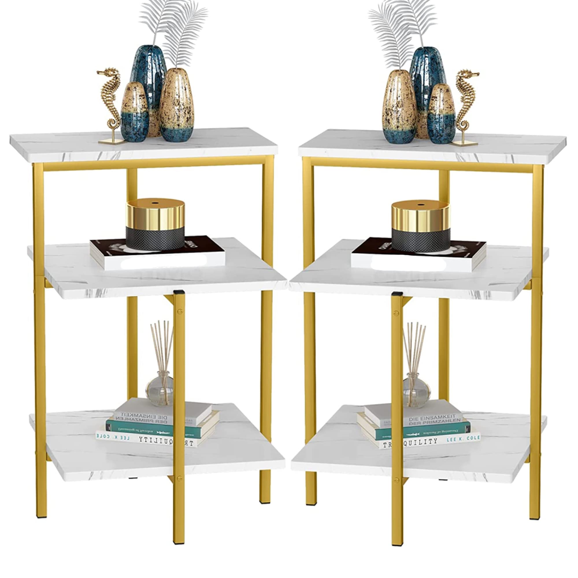 Lamerge Gold End Table Set of 2,3-Tier Gold Side Table,Rectangle Bedside Tables/Nightstand,Marble Coffee Table Corner Tables w/Metal Frame,Small Table for Bedroom, Small Spaces,White+Gold