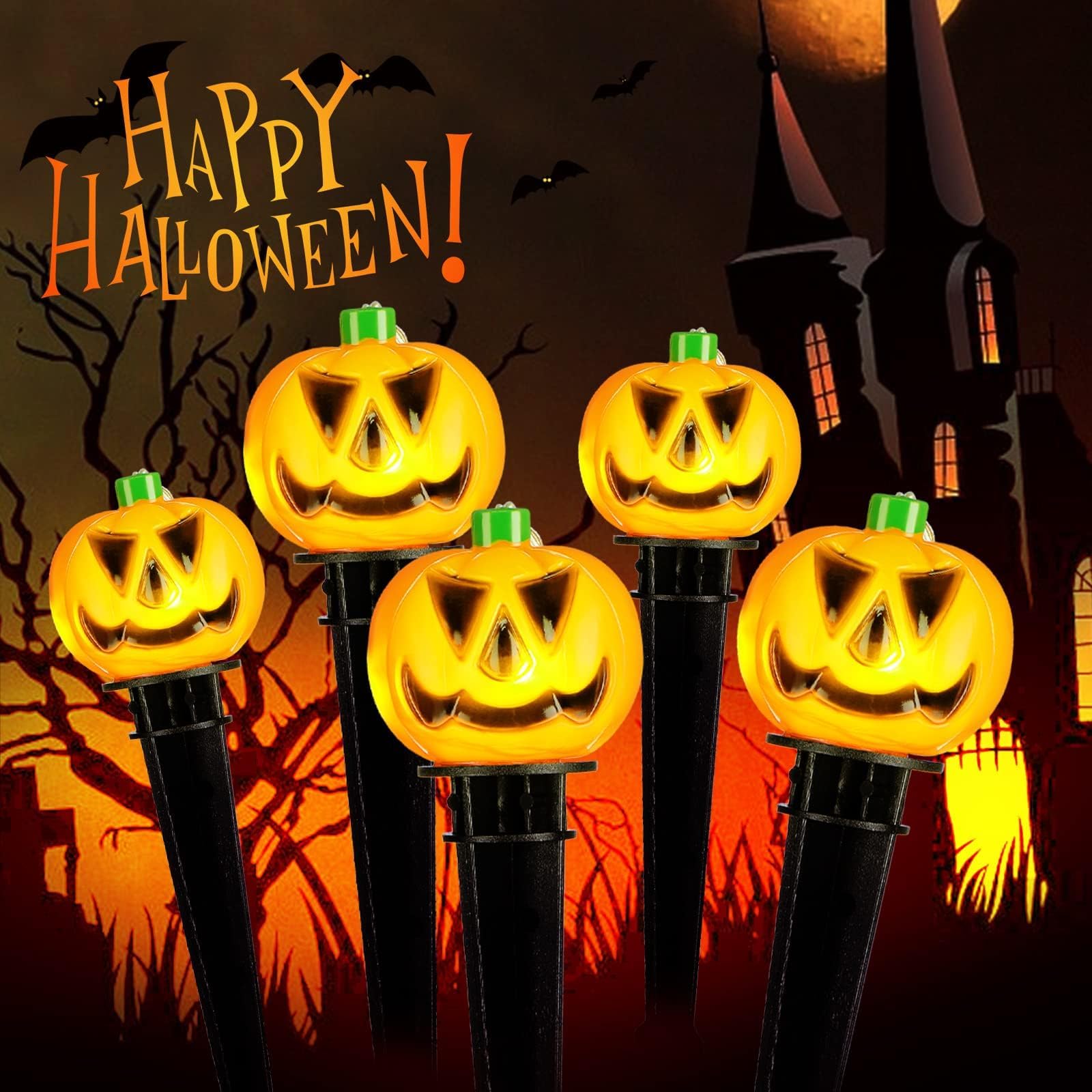 Beauenty 5Pcs Halloween Pumpkin Pathway Lights, Orange Stake Lights Halloween Outdoor Decorations, Timer Waterproof Solar LED Pumpkin Halloween Decor for Yard Porch Lawn Pathway Garden (Style 1)