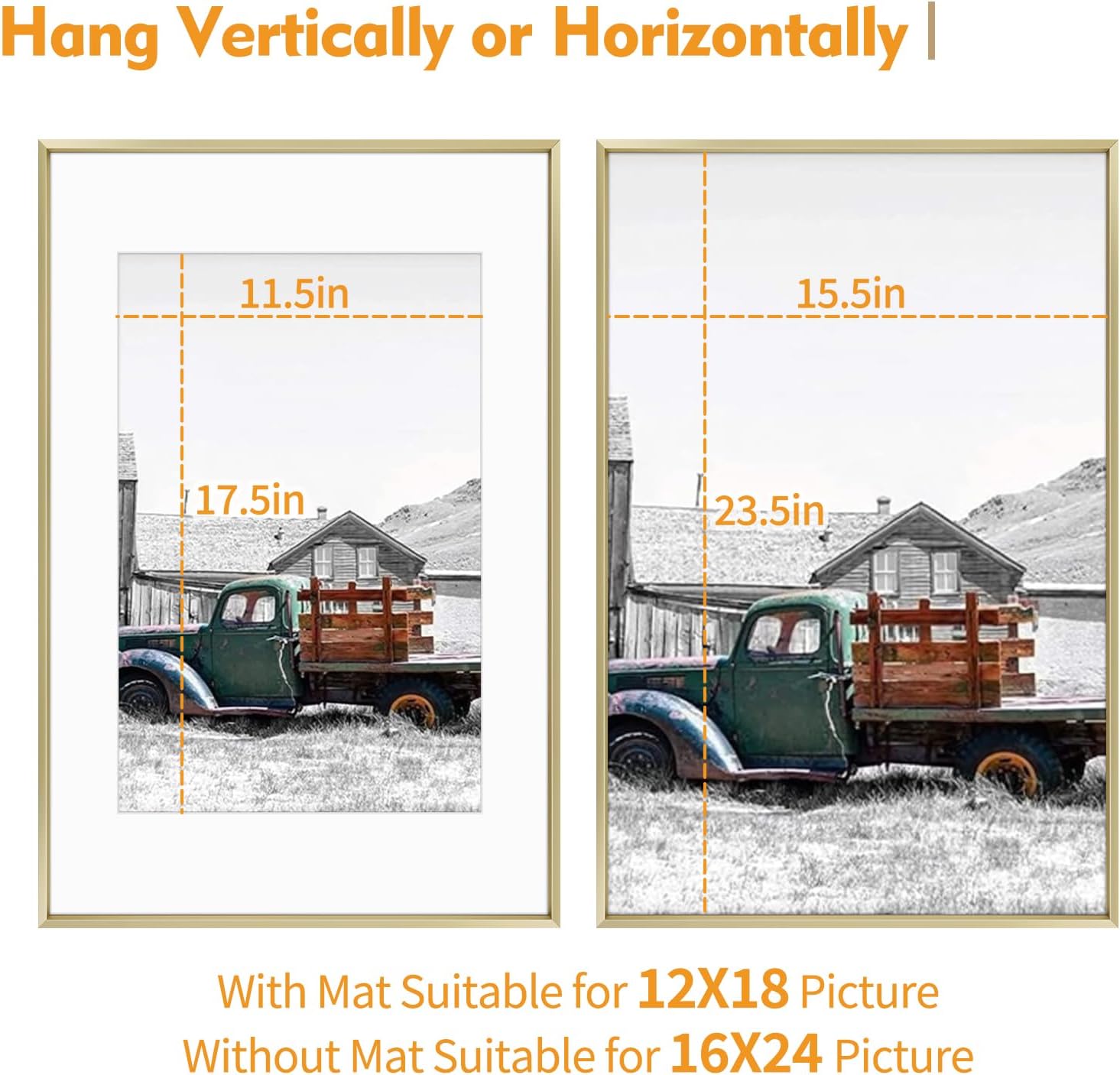 Golden State Art, 16x24 Gold Picture Frame Displays Photo 12x18 with Mat or 16 x 24 Without Mat for Wall Mounting, Classic Satin Aluminum Frames with Real Glass (Pack of 1)