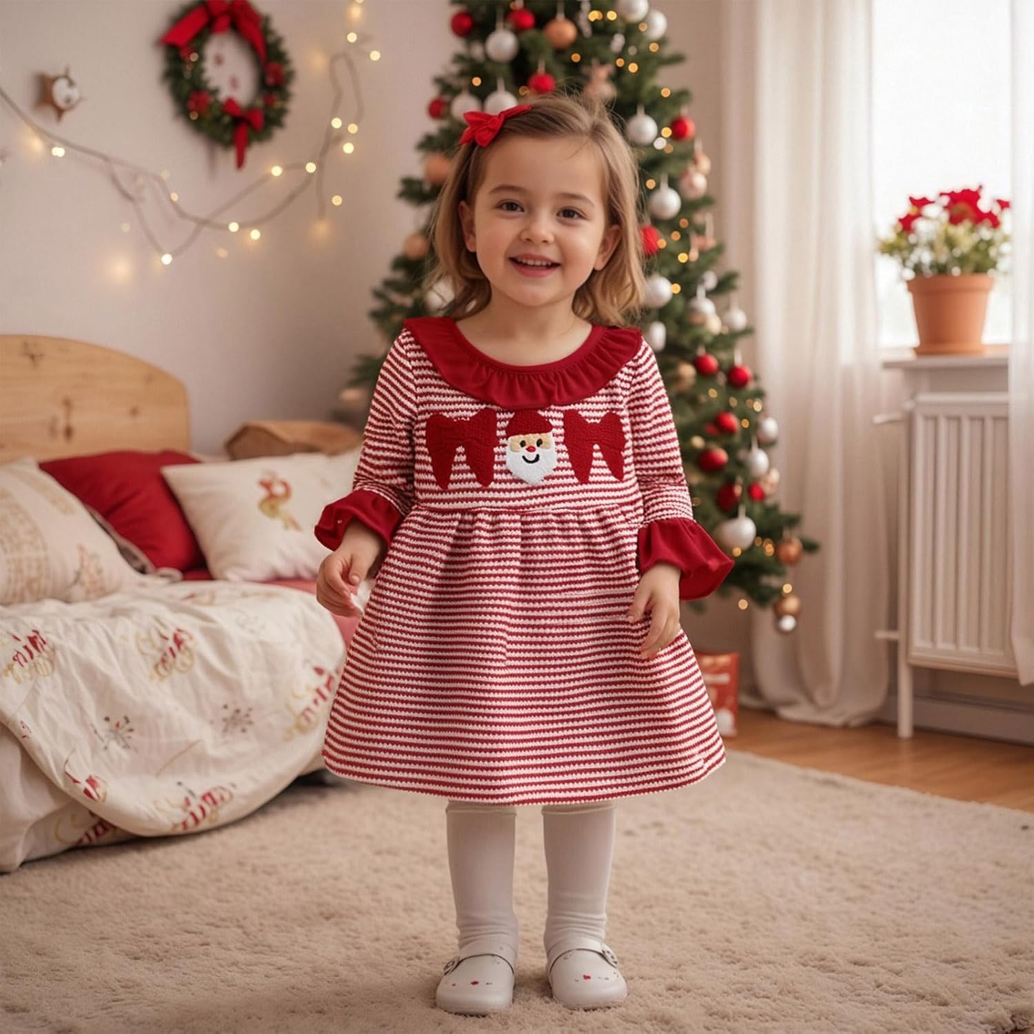 Toddler Girl Christmas Dress Santa Claus Embroidery Striped Dresses Cute Long Sleeve Waffle A-line Dresses - Image 2