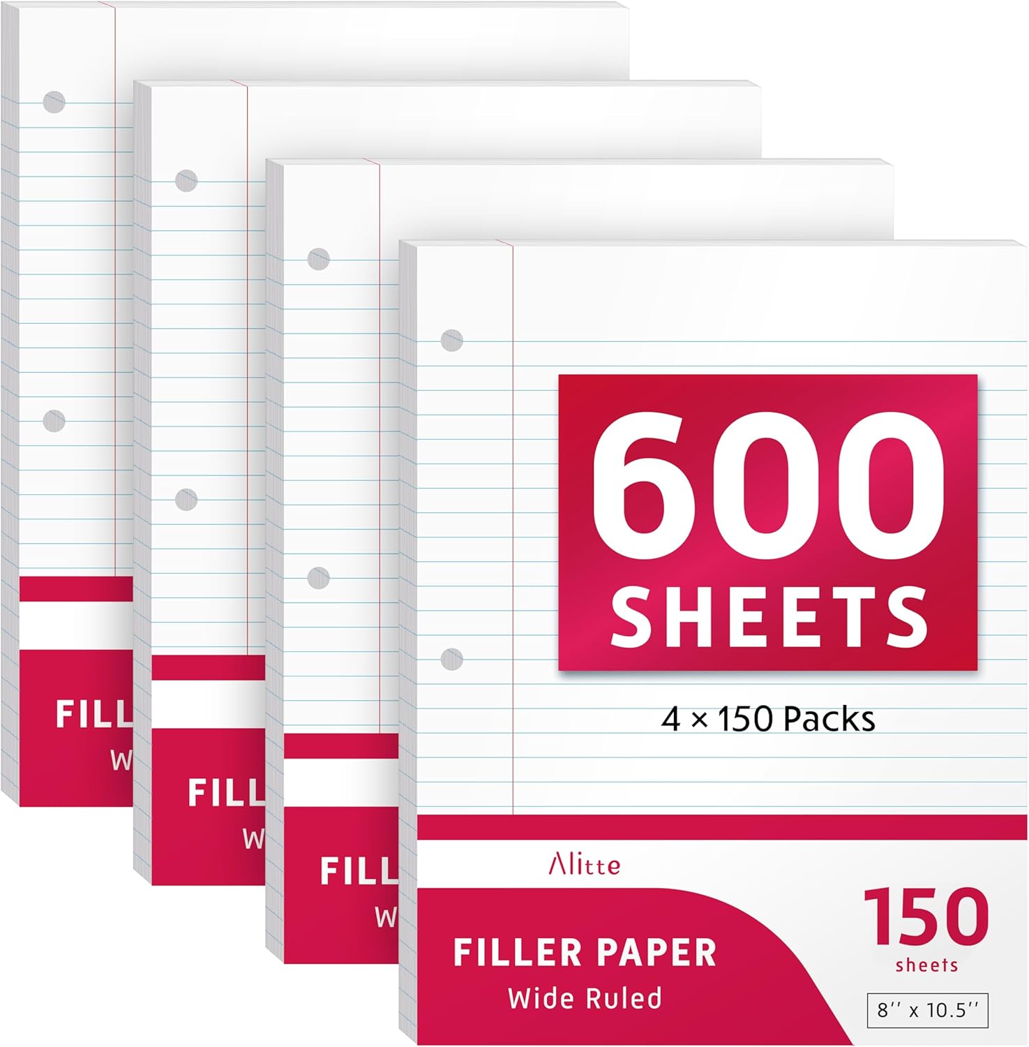Alitte Loose Leaf Paper, Wide Ruled, 600 Sheets (150/Pack) Filler Paper for Writing Notes - School, College, Office - 3 Hole-Punch Lined Sheets for Ring Binders, Pocket Folders - White, 8 x 10.5