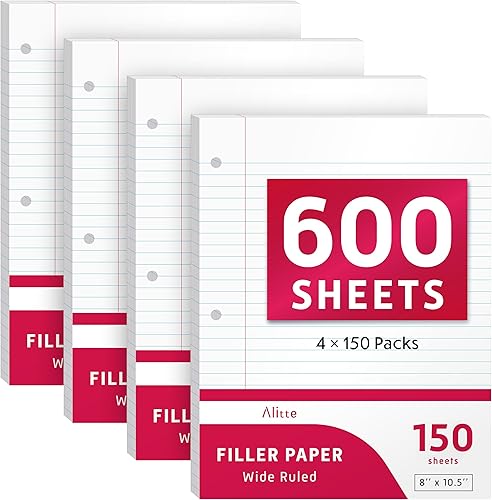 Alitte Loose Leaf Paper, Wide Ruled, 600 Sheets (150/Pack) Filler Paper for Writ