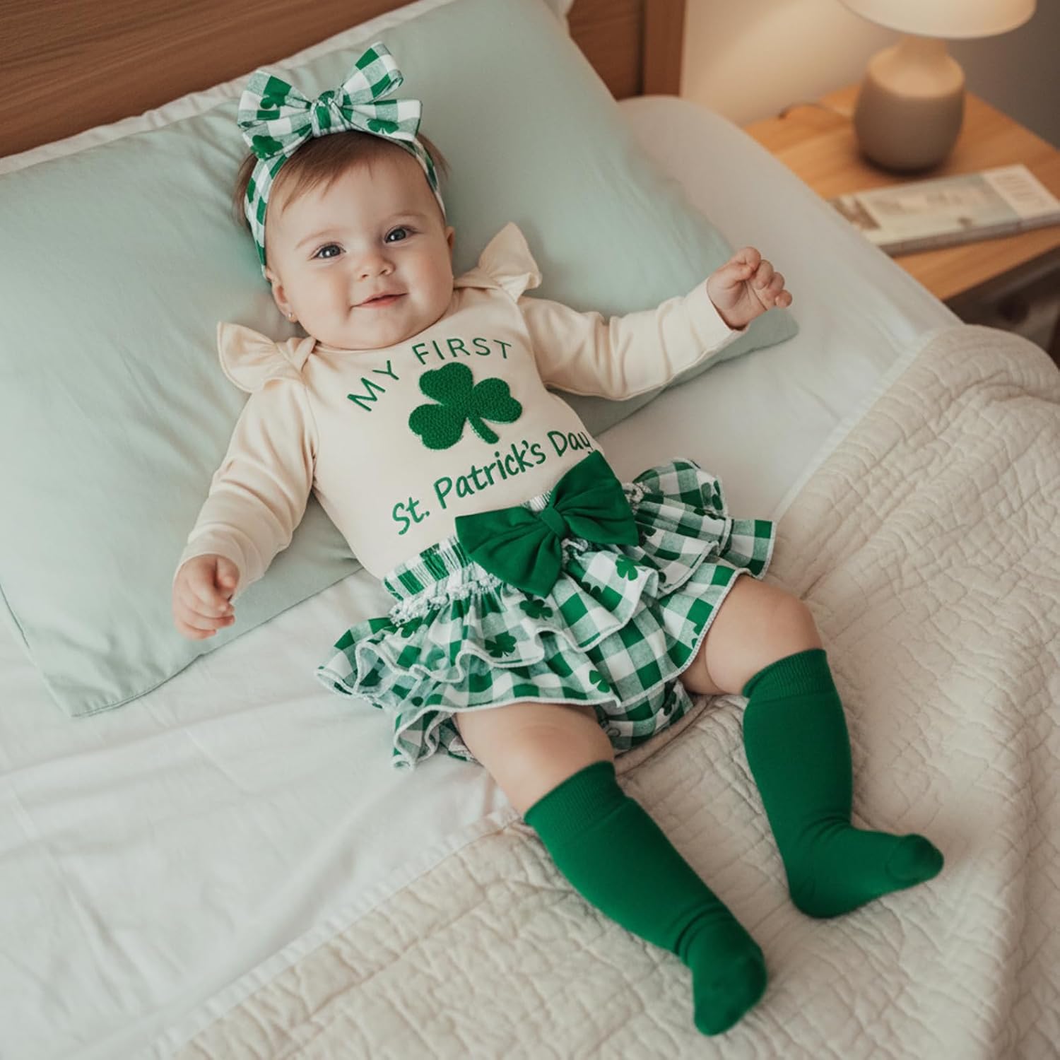 My First St Patricks Day Baby Girl Outfit Clover Romper Plaid Shorts Skirt Newborn Girls Shamrock Clothes 4PCS Set - Image 4