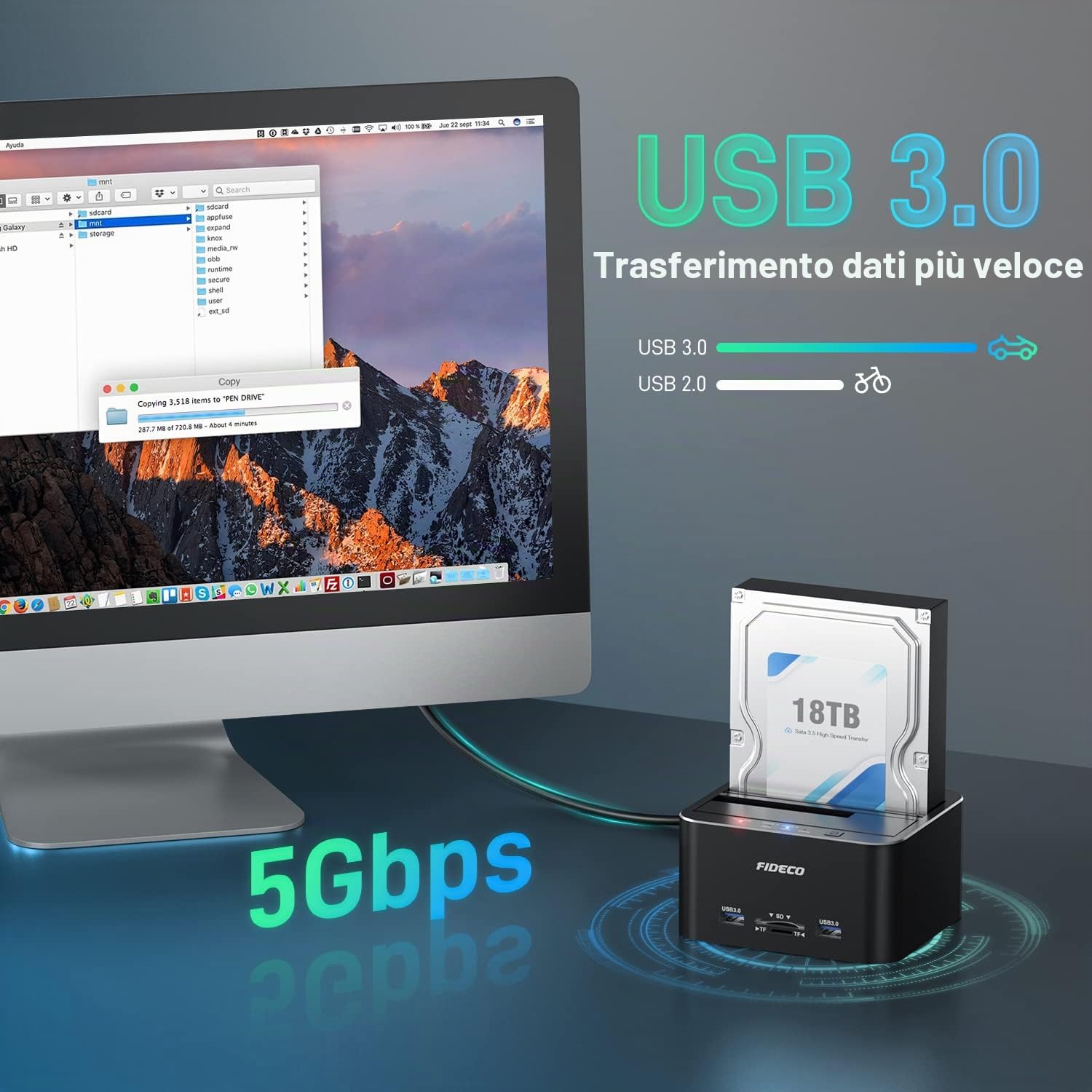 FIDECO Docking station per hard disk, USB 3.0 in alluminio Stazioni per hard disk da 2,5"/3,5" SATA HDD SSD, lettore di schede TF e SD, supporto clone offline