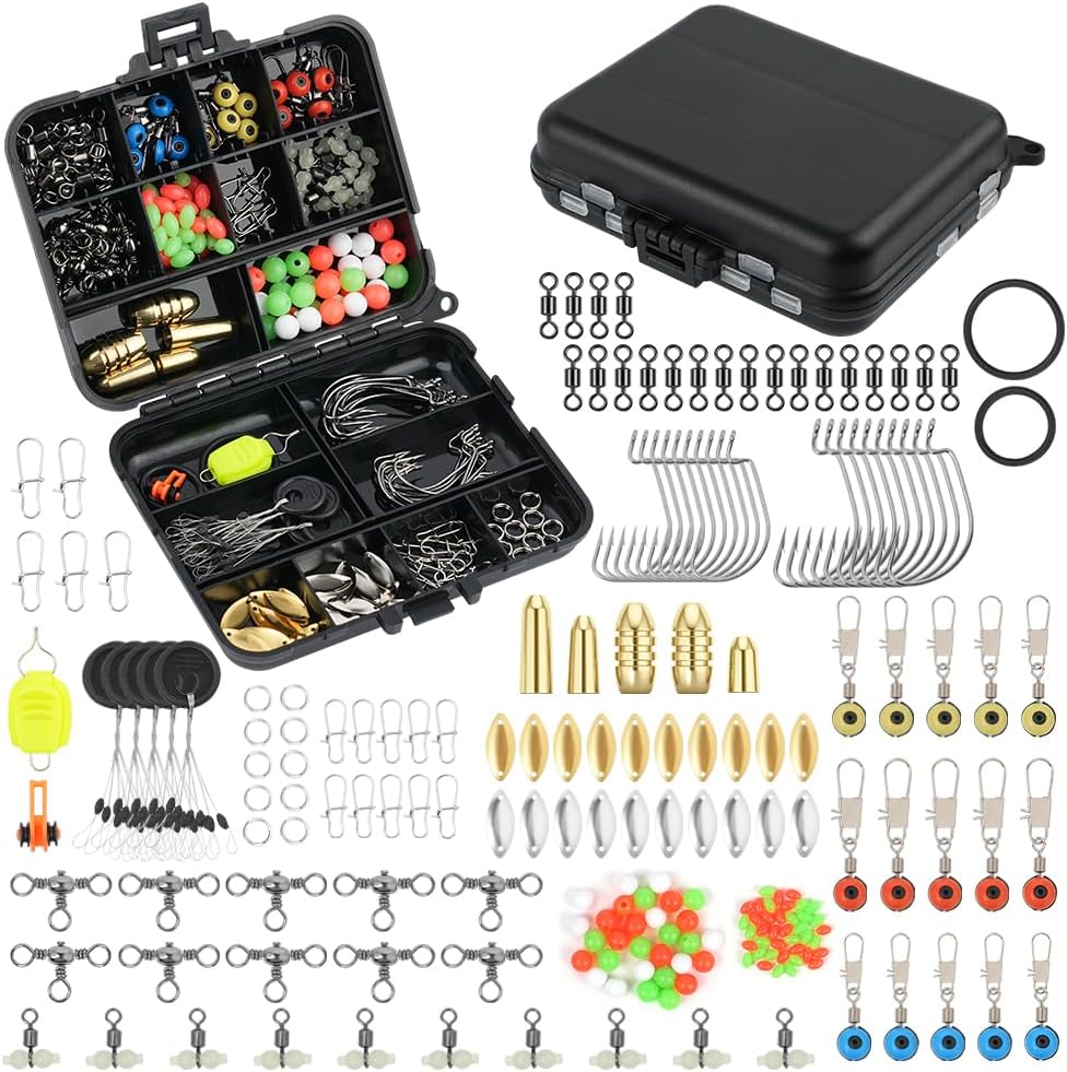 HOTUT Fishing Accessories Kit,204pcs Fishing Line Beads Gear Set,Sea Tackle Kit Including Hook, Brass Weight, Space Bean, Swivel, O-ring, Swivel Sequin with Tackle Box