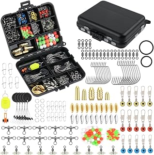 HOTUT Leurres de Pêche Kit Spinnerbaits, 204Pcs Accessoires de pêche, Pêche Portable avec Boîte:Hameçons, Plombs en Laiton, Space Beans, Emerillons, Joints Toriques, Paillettes Emerillons