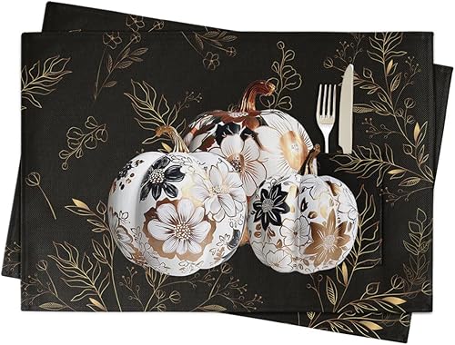 Miniatura 9 de Juego de 6 manteles individuales para mesa de comedor con diseño de hojas florales, manteles individuales de algodón y lino con bolsillo, mesa