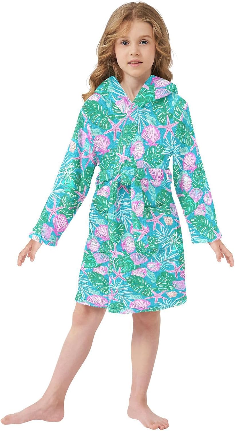 senya Tropical Shells Pink Toddler Hooded Bathrobe Kids Soft Plush Bath Towel Robes for Boys Girls 2-12 Years