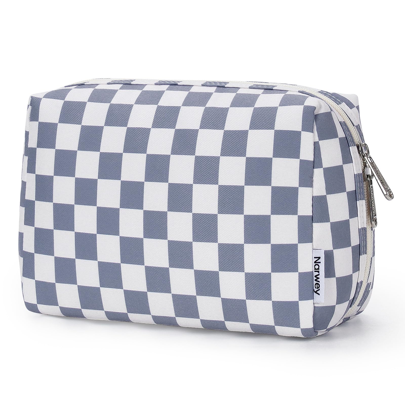 Narwey Checkered Makeup Bag Travel Cosmetic Bag Organizer Toiletry Bag Make Up Bags with Compartments for Women Girls (Large, Grayish Blue
