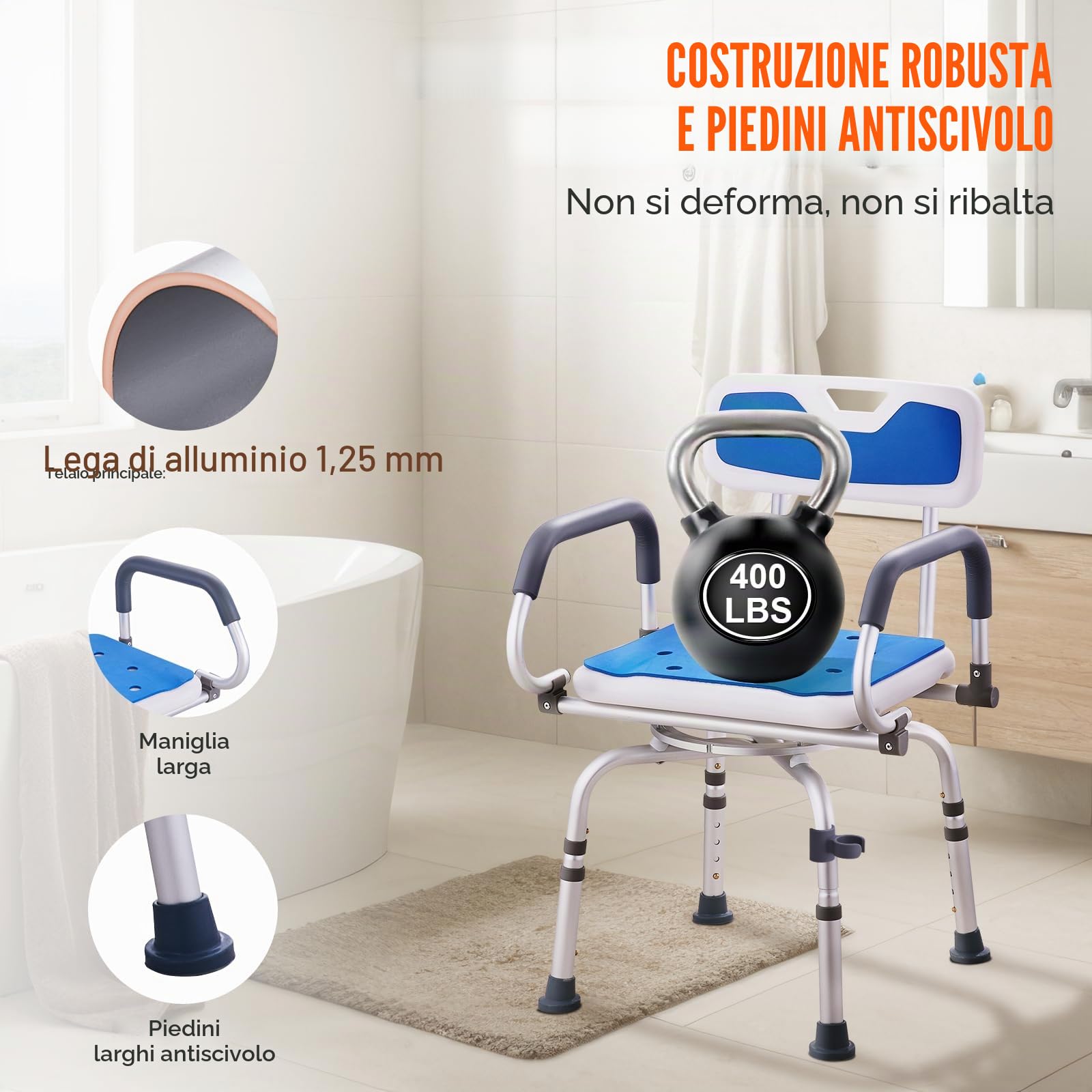 VEVOR Sedia da Doccia Girevole a 360 Gradi, Sedile da Doccia Regolabile con Bracci Girevoli per Vasche Interne, per Vasca da Bagno Girevole Antiscivolo per Anziani Disabili Feriti, Capacità 180 kg