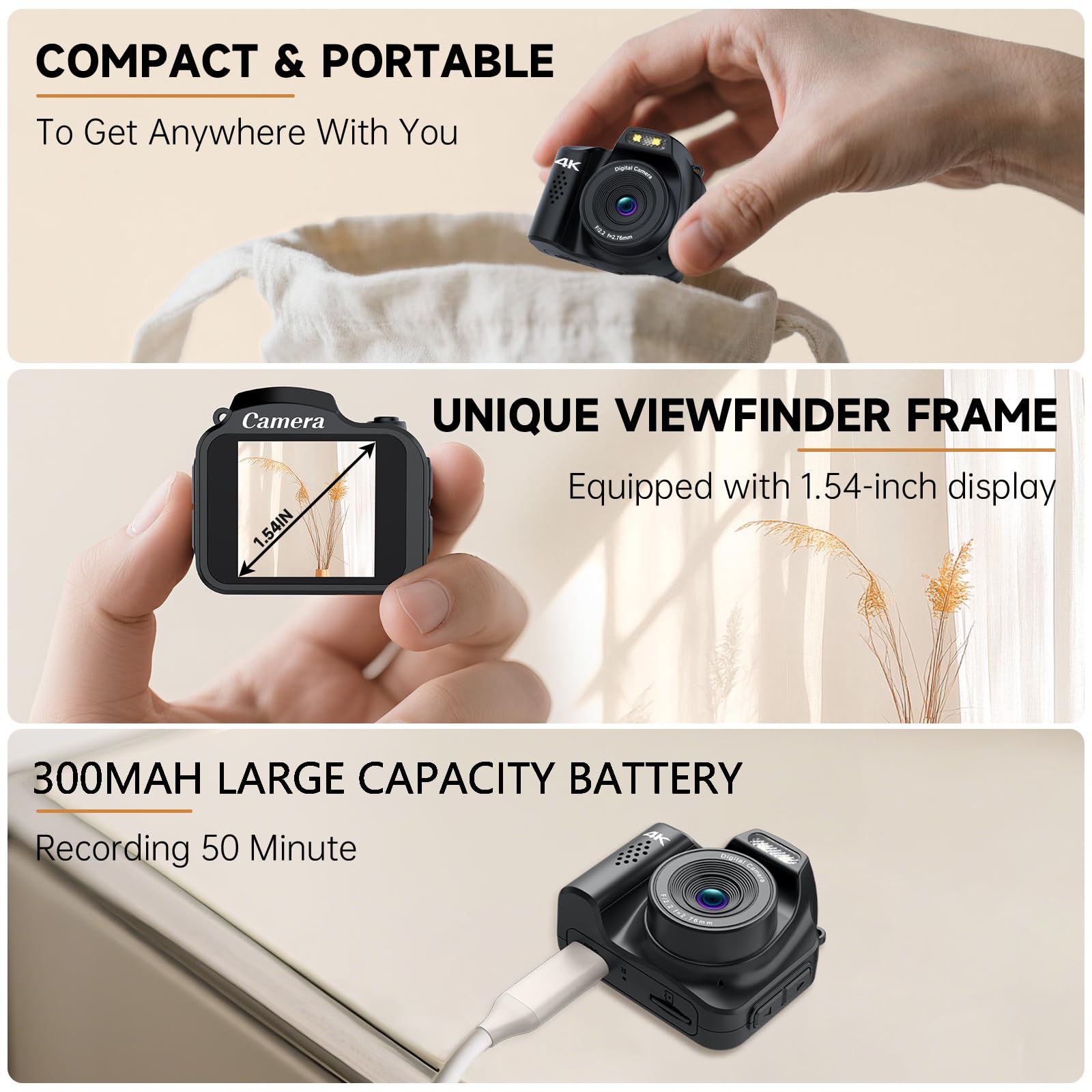 Mini fotocamera digitale 4K 64 MP, piccola fotocamera digitale tascabile retrò nostalgia con luce LED e scheda micro SD da 32 G, adatta per adolescenti, bambini e principianti di fotografia, colore
