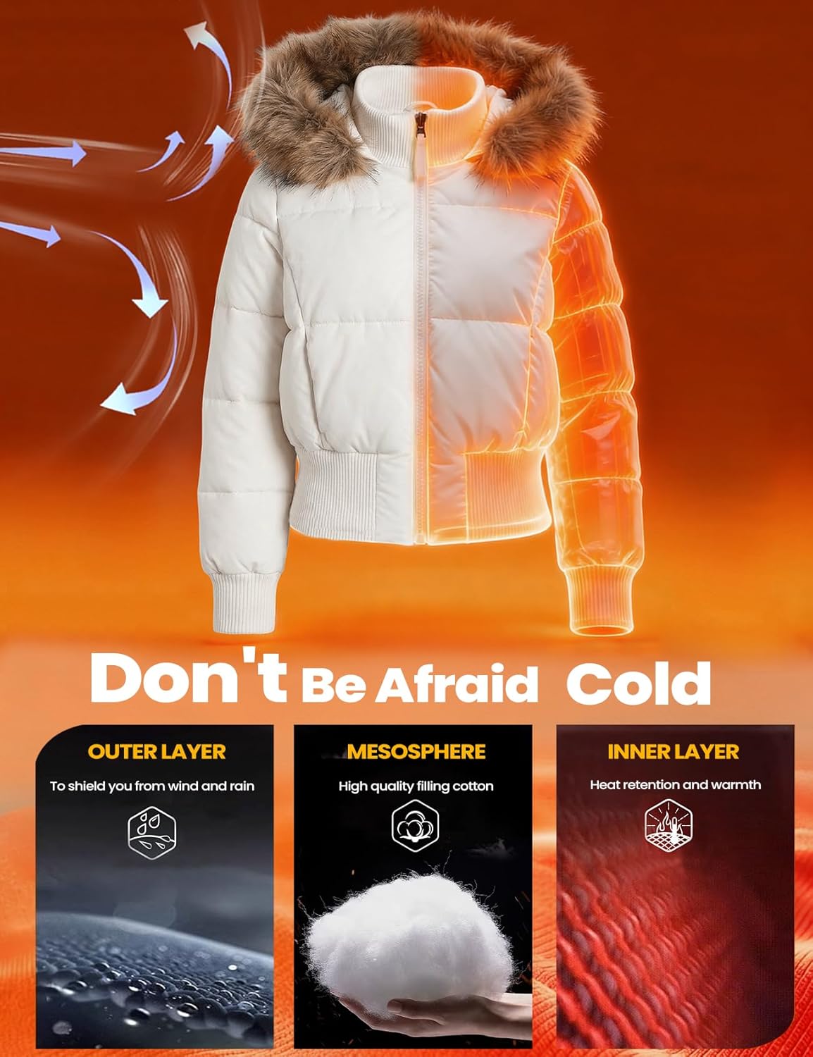 Yimoon Women's Cropped Puffer Jacket Winter Warm Quilted Jacket Faux Fur Hooded Puffer Bomber Padded Coat - Image 3