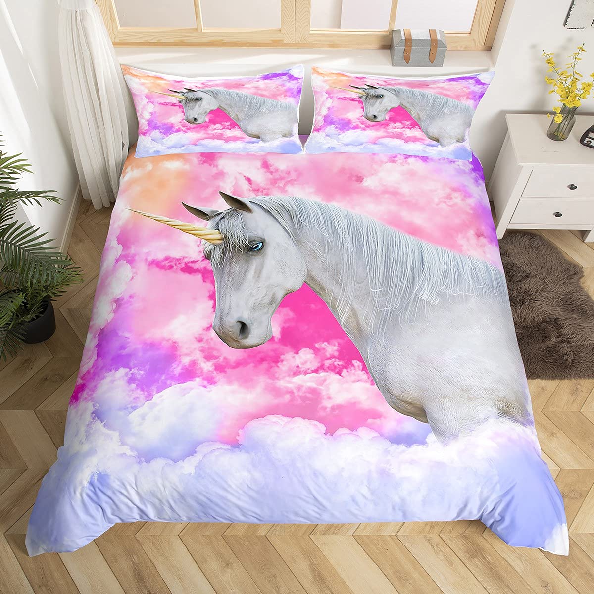 Juego de Ropa de Cama de Caballo Unicornio 3D Caballos al Galope Ropa de Cama Super King Niños Niños Nubes de Acuarela Juego de Funda de edredón Colorido Juego de Cama de decoración con patr