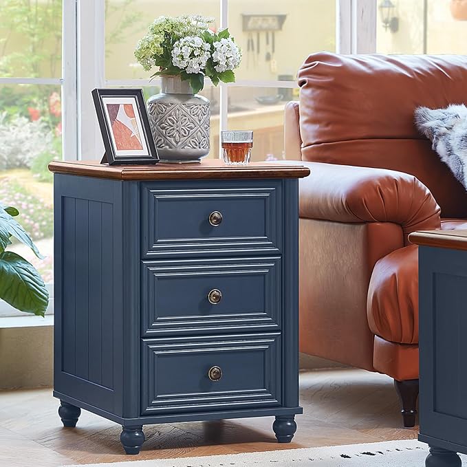 18" Farmhouse Night Stand, Blue Wood Nightstand with 3 Drawers, Bedside End Table with Storage and Roman Column, Bed Side Tables Cabinet for Bedroom, Living Room, and Closet
