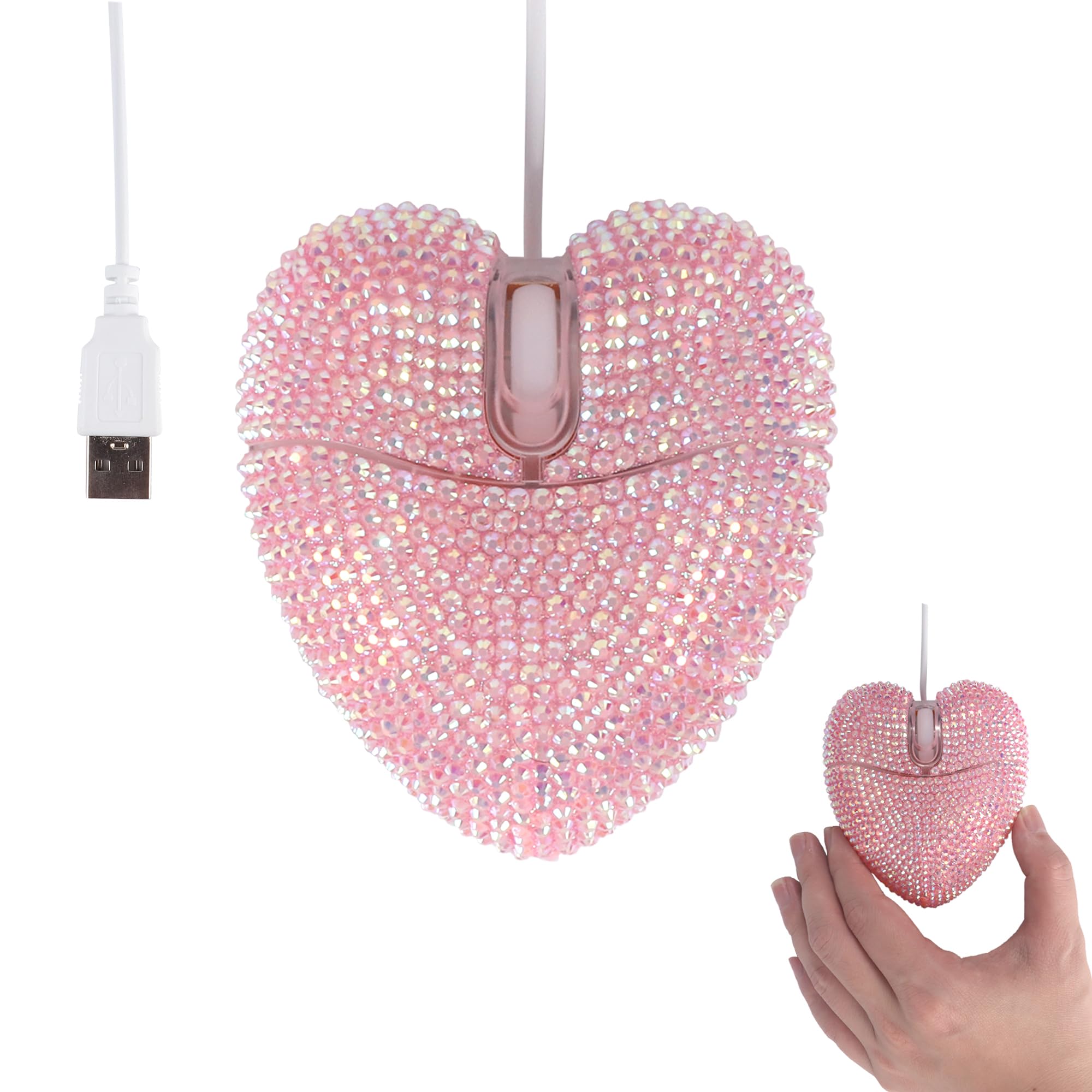 Wired Mouse Cute Bling Crystal Rhinestone Pink Heart Shape Computer Mice with 4.59ft Cord 3 Buttons 2.4GHz Optical Portable Kawaii USB Corded Mouse for Laptop PC Desktop Notebook Kids Adults Gift-image-8