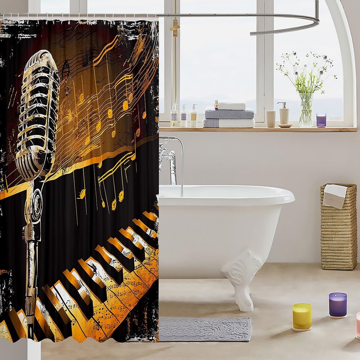 Homewish Music Theme Shower Curtain,Piano Music Bedding Set,Musical Notes Waterproof Curtain for Kids Girls Boys Adult Room Decor,Gold Black Vintage Hippie Style Bath Curtain,12 Hooks,72" Wx84 L