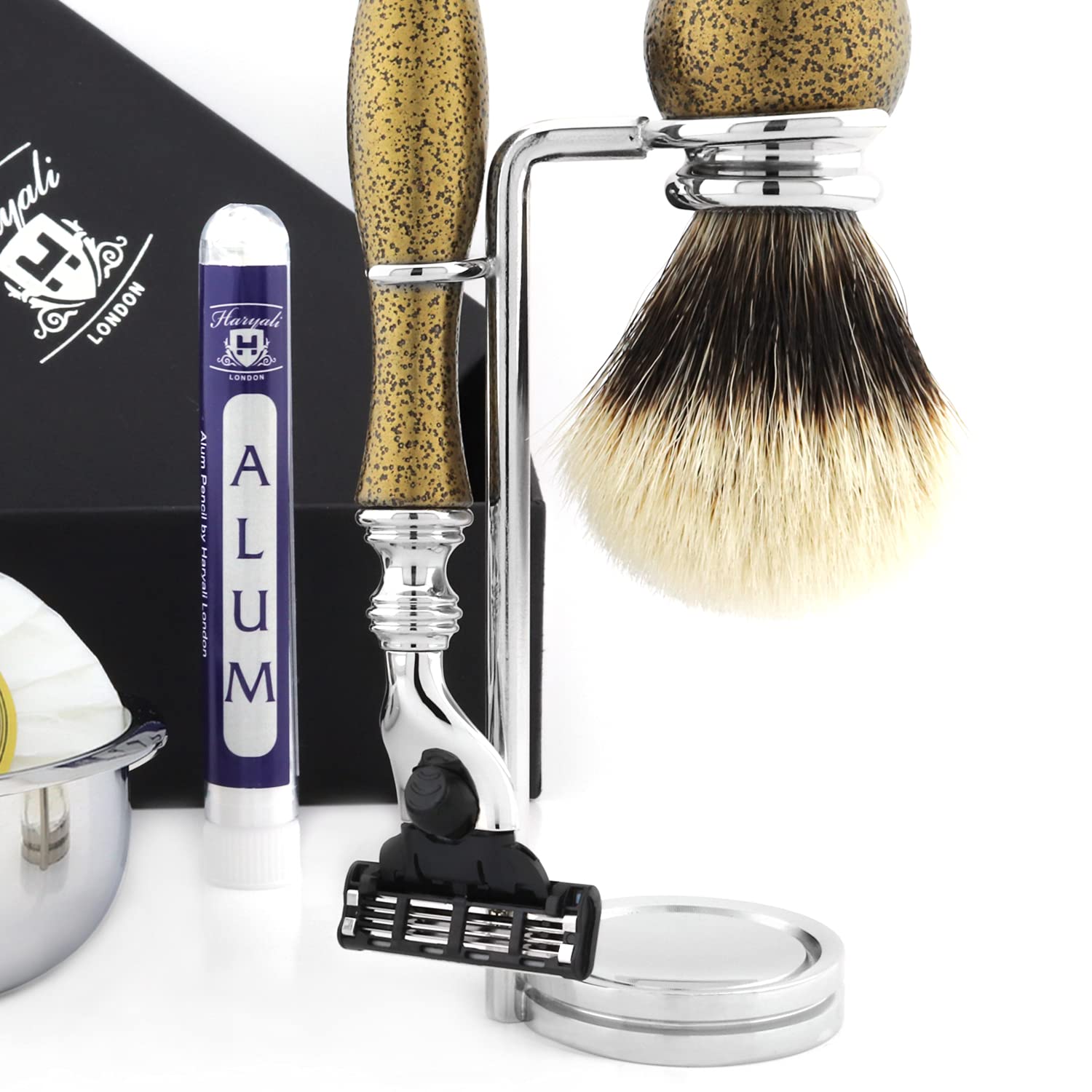 Haryali London 6 Pc Mens Grooming & Shaving Kit 3 Edge Razor With Silver Tip Badger Hair Shaving Brush, Stand, Soap, Bowl and Alum Perfect Set For Men