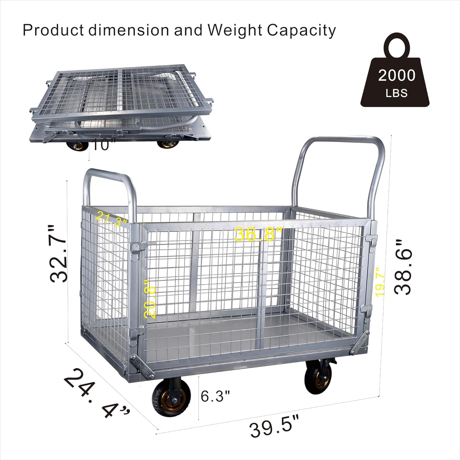 6-in-1 Klappplattformwagen Mit Abnehmbarem Gitterkäfig, Robuste Flachbett-handwagen-sackkarre, 816 Kg Tragkraft, 6 Lenkräder Für Den Materialtransport Im Lager