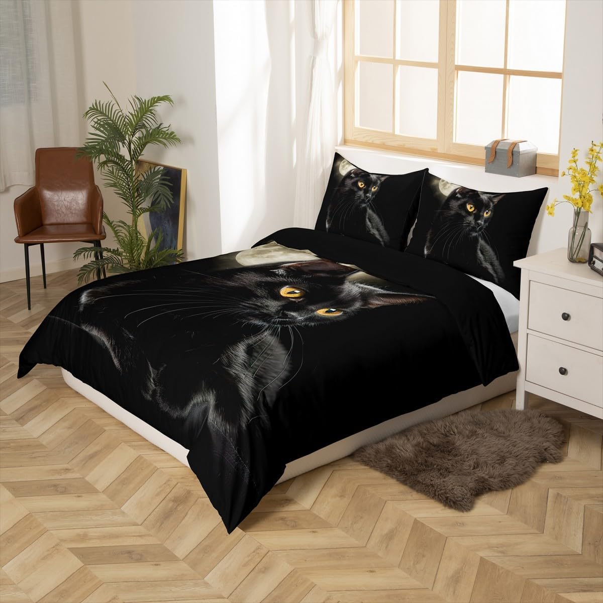 Homemissing Gatto Parure da letto Carino Modello di Gatto Nero Copripiumino 200 x 200 cm Animali stampato Ragazza Ragazzo Copripiumino Fattoria Gatto Decorazione Biancheria da letto Set con 2 federe