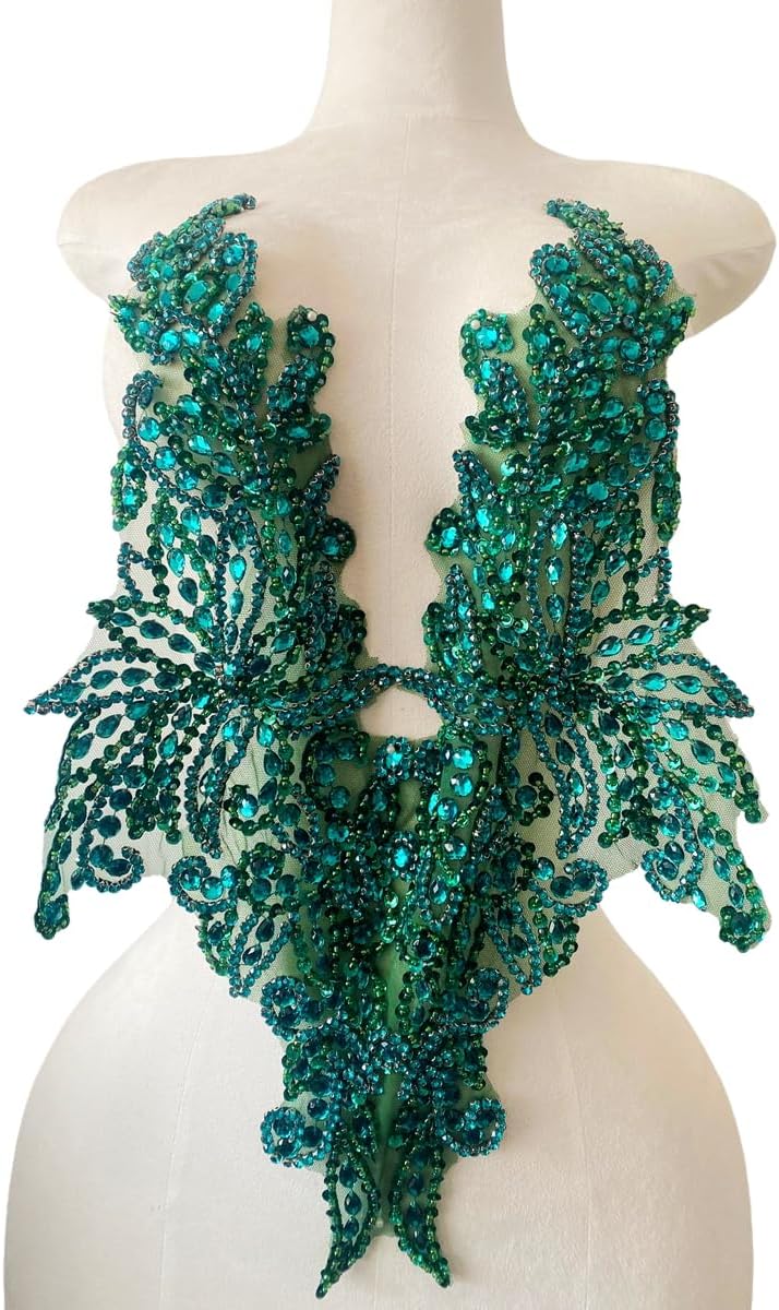 Handmade Rhinestones lace Applique sew on Beads Sequins Trim Patches Accessories for Girl Dress Clothing (Deepgreen)