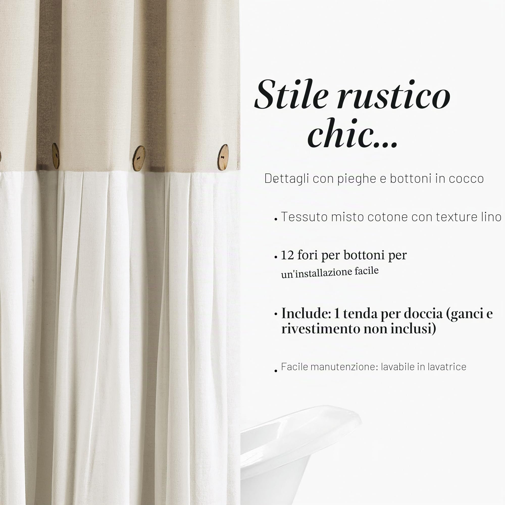 Lush Decor Linen Button Shower Curtain Tenda da Doccia con Bottoni in Lino, Misto Cotone, W 72" x L 72" (1 Panels)