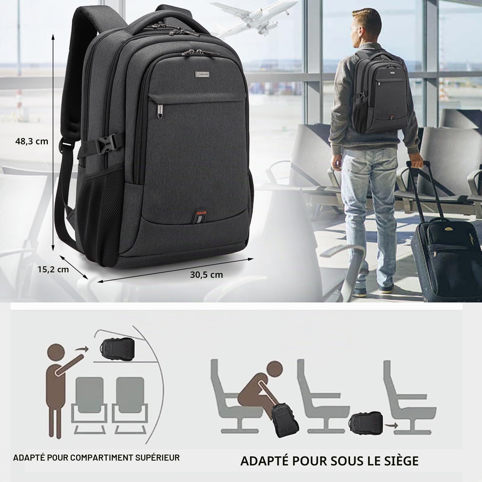 Sac à Dos Ordinateur Portable 17 Pouces Homme Fonctionnel Sac à Dos PC Portable avec USB Charging Port Imperméable Antivol pour Collège Affaire Scolaire Voyage - Noir