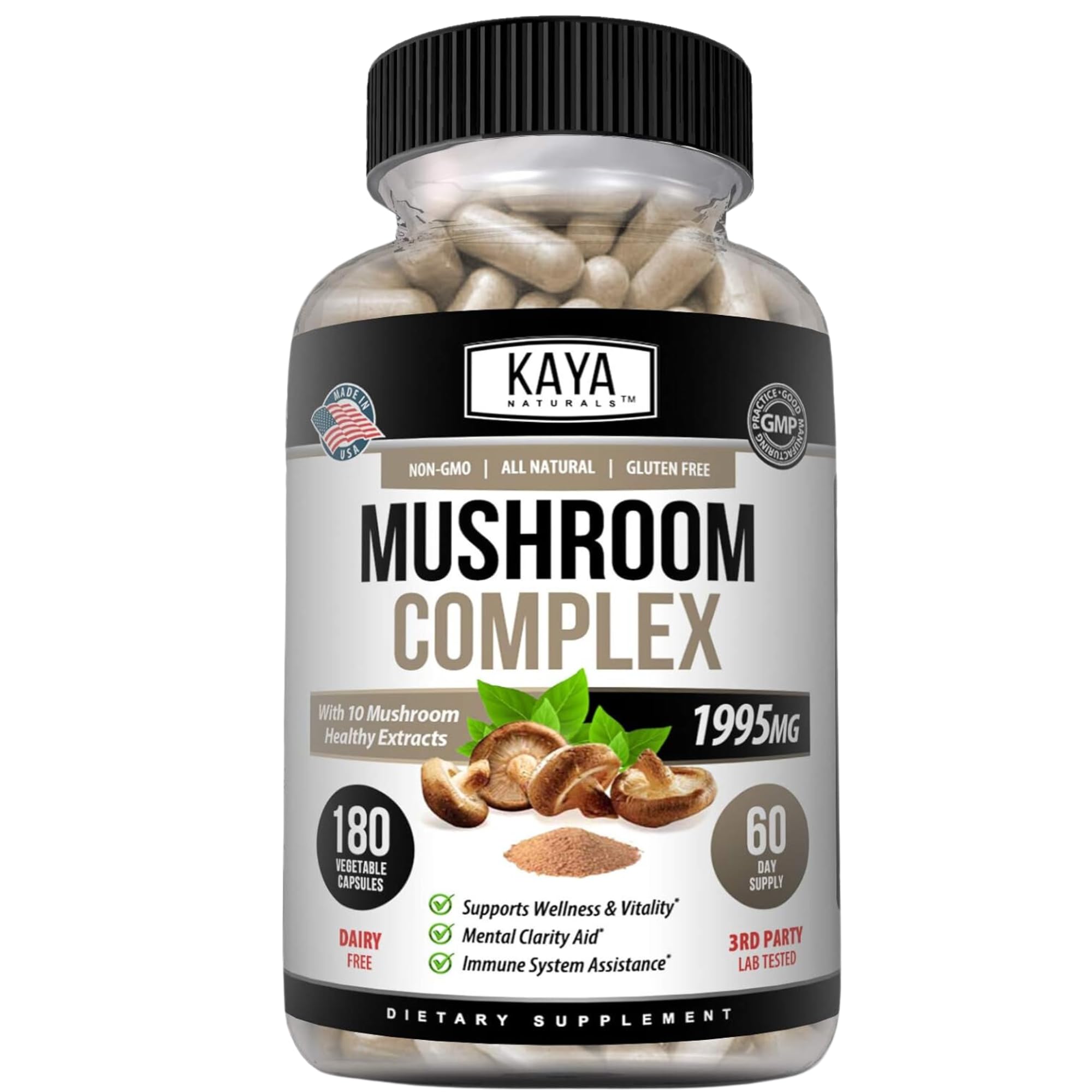 Kaya Naturals Premium Mushroom Complex Potent | Organic Mushroom Supplement| Mushroom Complex Capsules 1995mg Per Serving - Aids Mental Clarity Supports Immune System, Wellness & Vitality | 180 Count