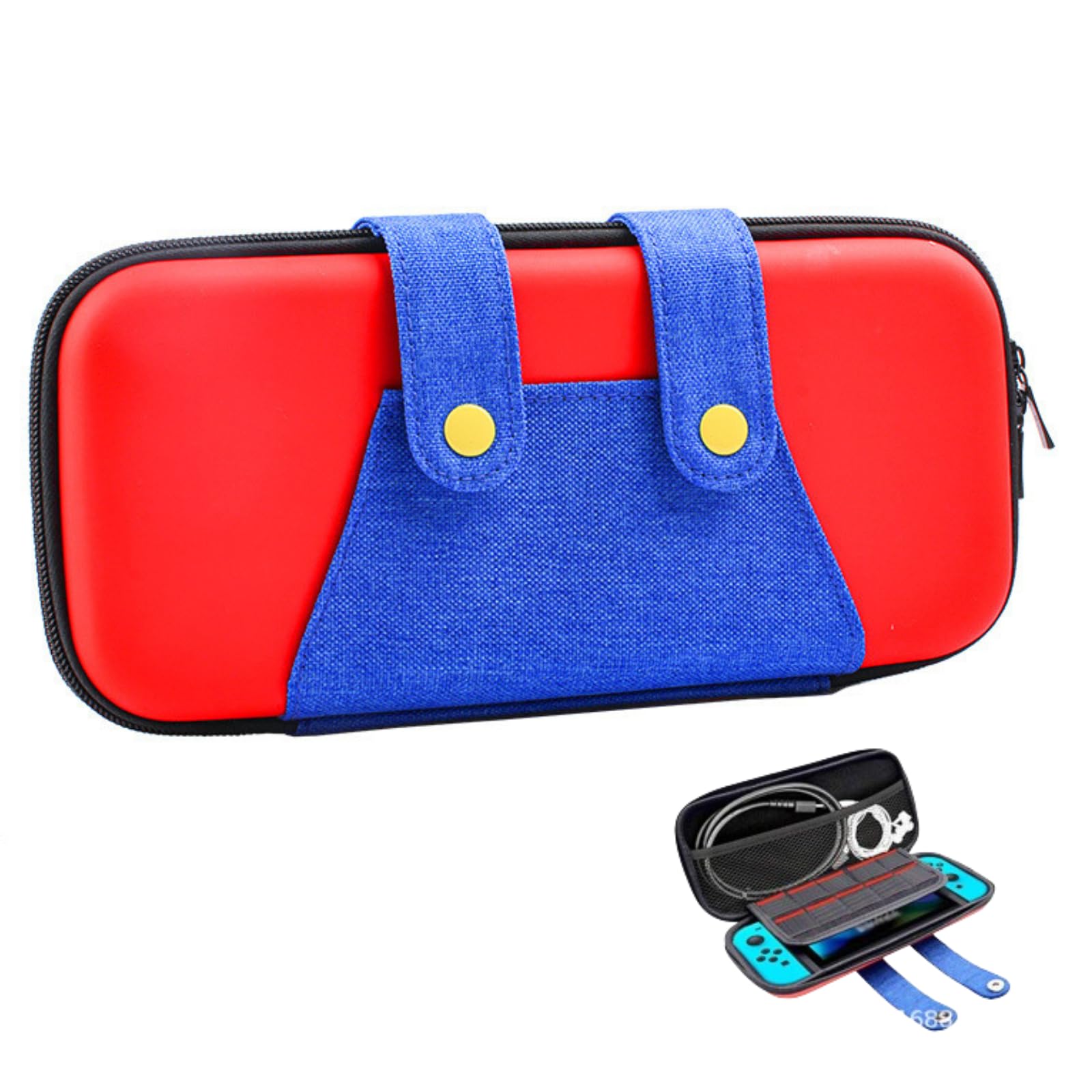 BLARO'S ORIGINAL | Funda Compatible con Nintendo Switch y OLED - Funda de Transporte para Consola y Accesorios - Estuche de Viaje con 10 Ranuras para Tarjetas de Juego - Rojo y Azul
