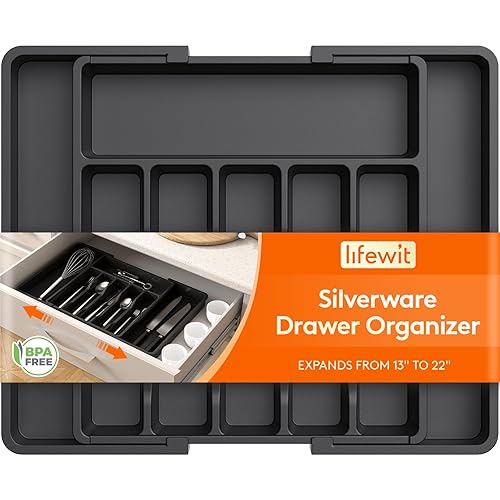 Lifewit Large Silverware Drawer Organizer, Expandable Utensil Tray for Kitchen, BPA Free Flatware and Cutlery Holder, Adjustable Plastic Storage for Spoons Forks Knives, Large, Black - Black - XL(13-22''W x 15"D)
