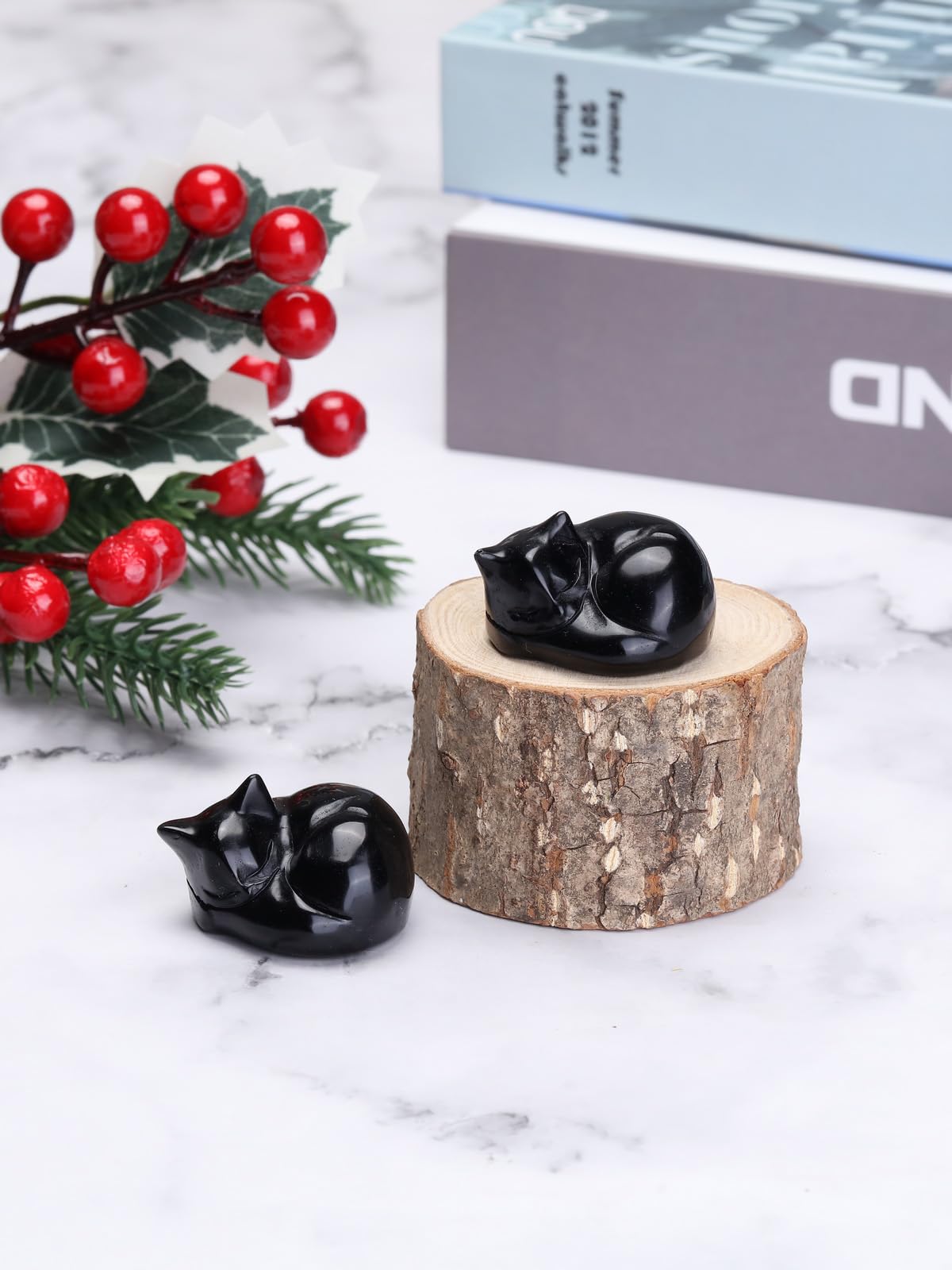 CrystalTears Black Obsidian Crystal Cat Figurine Ornament Healing Crystals Gemstone Animal Sleeping Cat Statue for Home Office Desk Decor Good Luck Cute Cats Gifts for Cat Lovers Women Christmas - Image 2