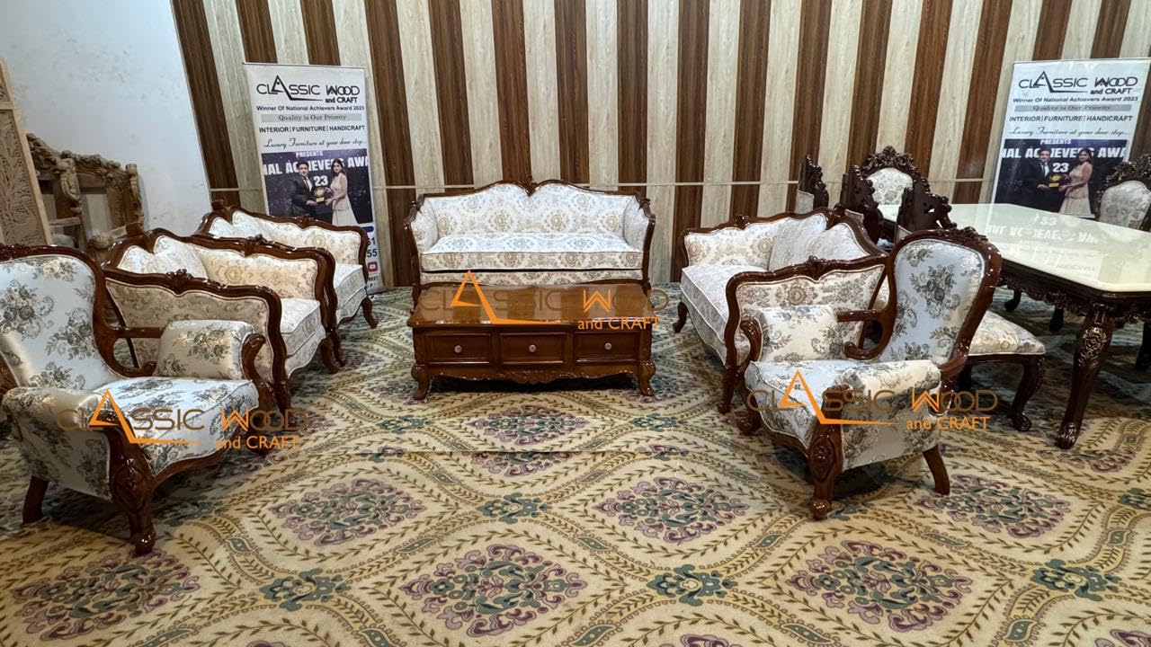 Luxury Wooden Sofa Set with Center Table | Hand-Carved Solid Teak Wood Sofa Set with Upholstery | Royal Living Room Furniture for Home (Printed Off White D Walnut 9 Seater)-image-35