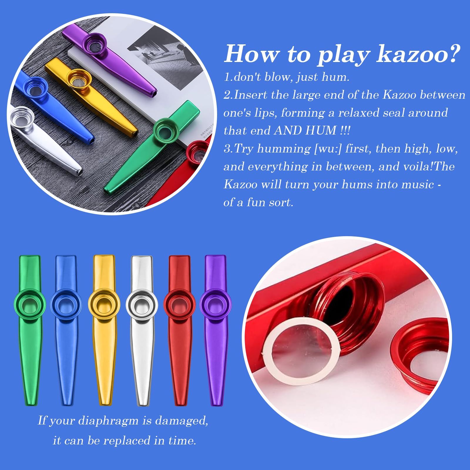 Ensemble de 18 Kazoos : 6 couleurs Kazoo en plastique, Instrument de musique, pour les amoureux de musique, débutants, cadeaux à prix abordable, pour les fêtes (Or, Argent, Vert, Rouge, Bleu