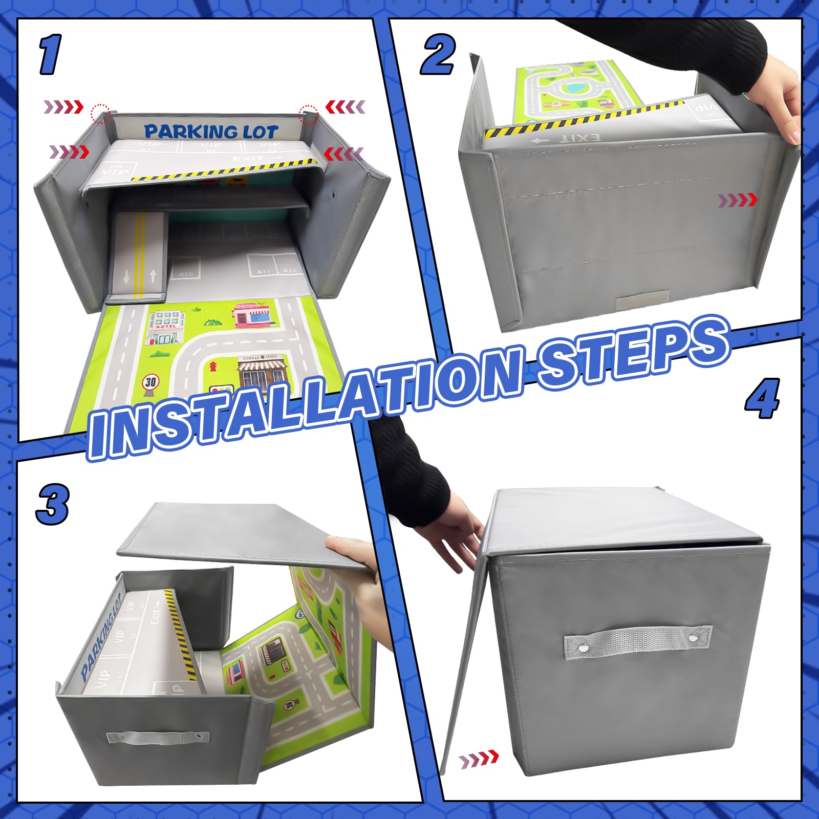 Scatola Portaoggetti per Auto Giocattolo: Garage per Auto Giocattolo per Bambini - Garage per Pieghevole 3 in 1 per Bambini - Organizzatore per e Tappeto da Gioco (Gray)