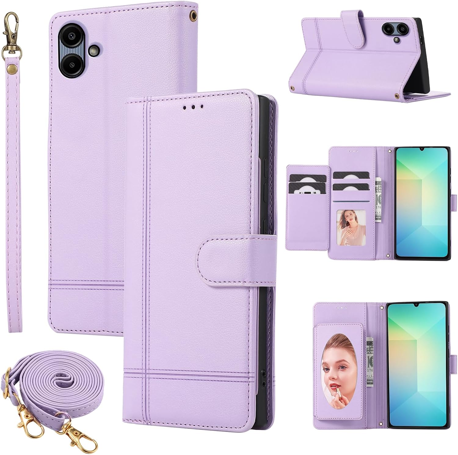 Compatible with Samsung Galaxy A06/A07 Wallet Case Wrist Strap Crossbody Strap, Mirror PU Leather Flip Card Holder Stand Cell Phone Cover for AO6 5G/AO7 4G A 06 07 LTE Women Men Purple