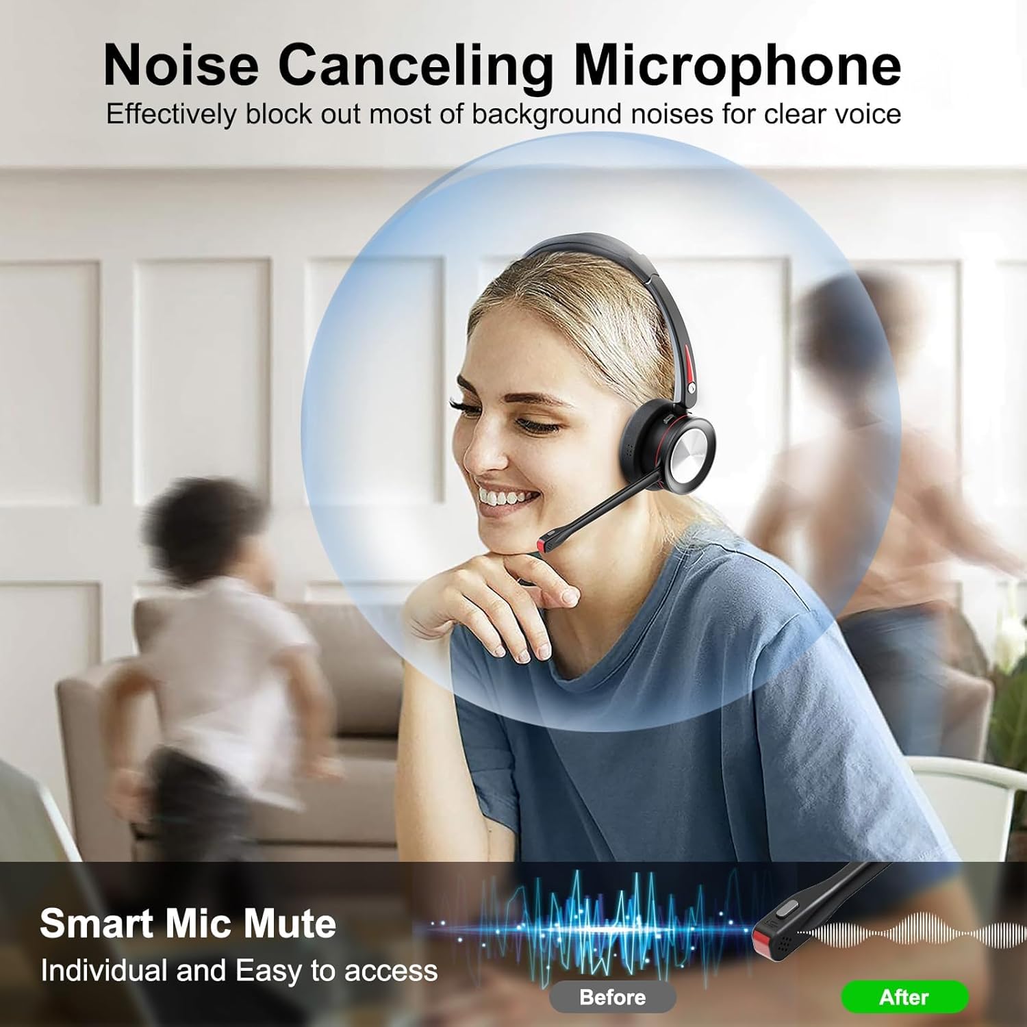 Bluetooth Headset with Microphone & Mute Button, 40H Working Time, Noise Canceling Wireless Headset with USB Adapter for PC Work Office Laptop Teams Conference Meeting Call Center - Image 3