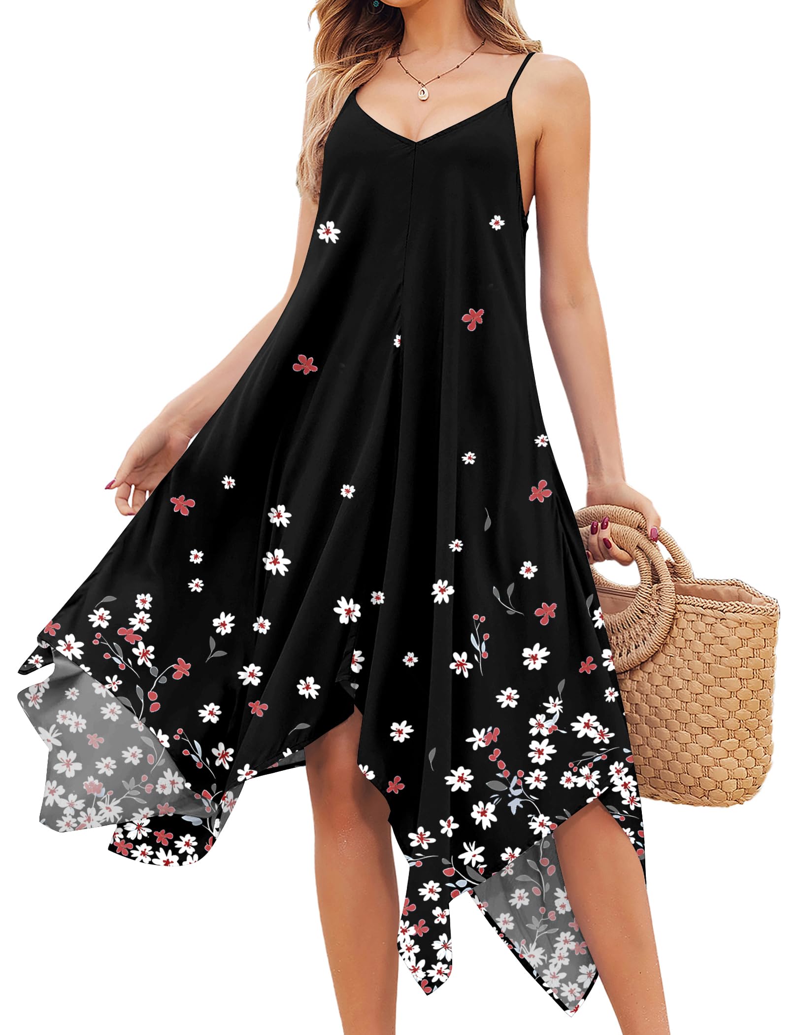 Chigant Womens Summer Dresses Casual Spaghetti Strap Midi Swimwear Cover Up | Flowy Handkerchief Dress, For Beach Vacation, Maxi, Solid Color, Floral, Boho, Tropical, Hawaiian Dress