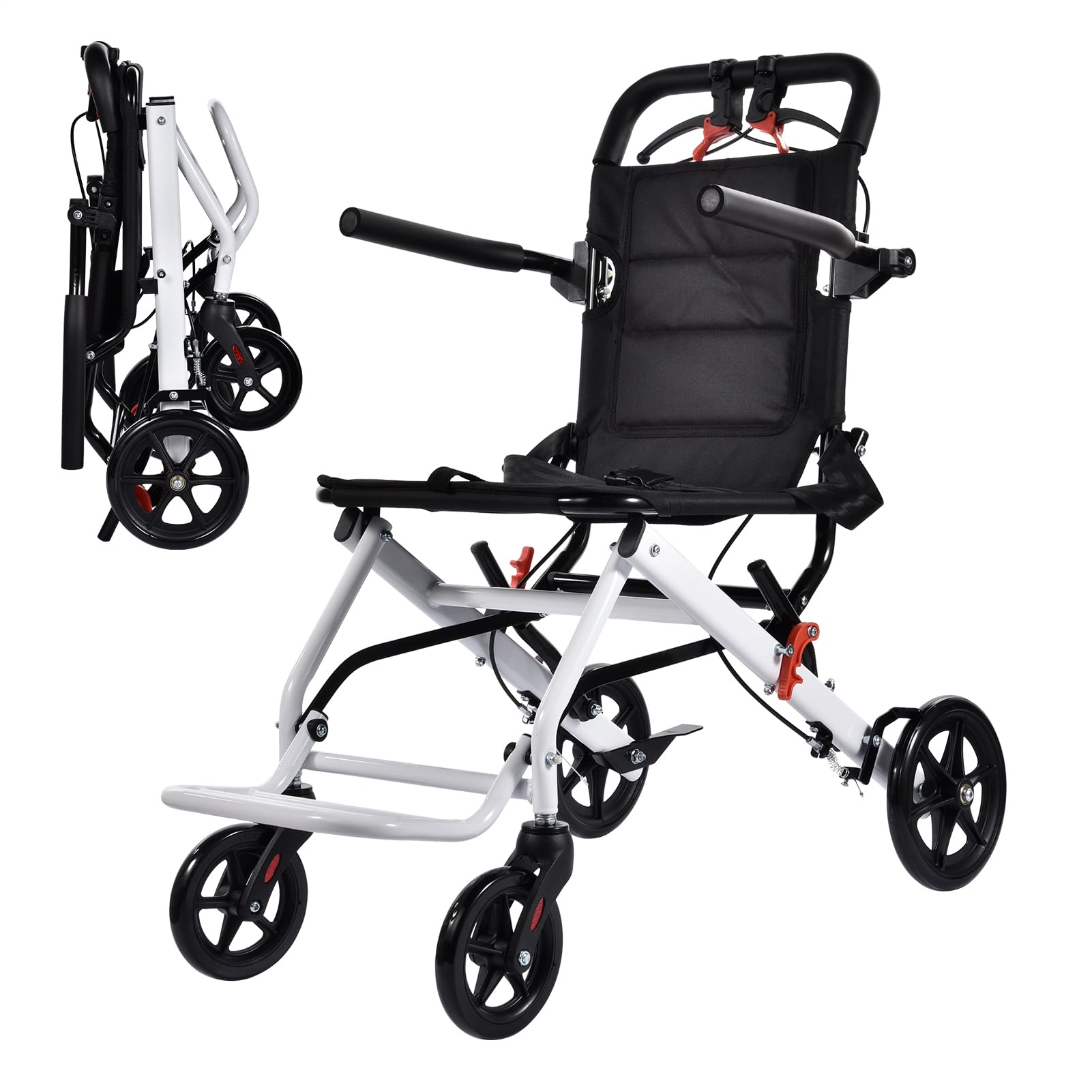 Silla de ruedas plegable ultraligera, portátil de viaje, capacidad de carga de 100 kg, aleación de acero al carbono, silla de ruedas con manillar giratorio de 360°, solo 8,2 kg, ideal para