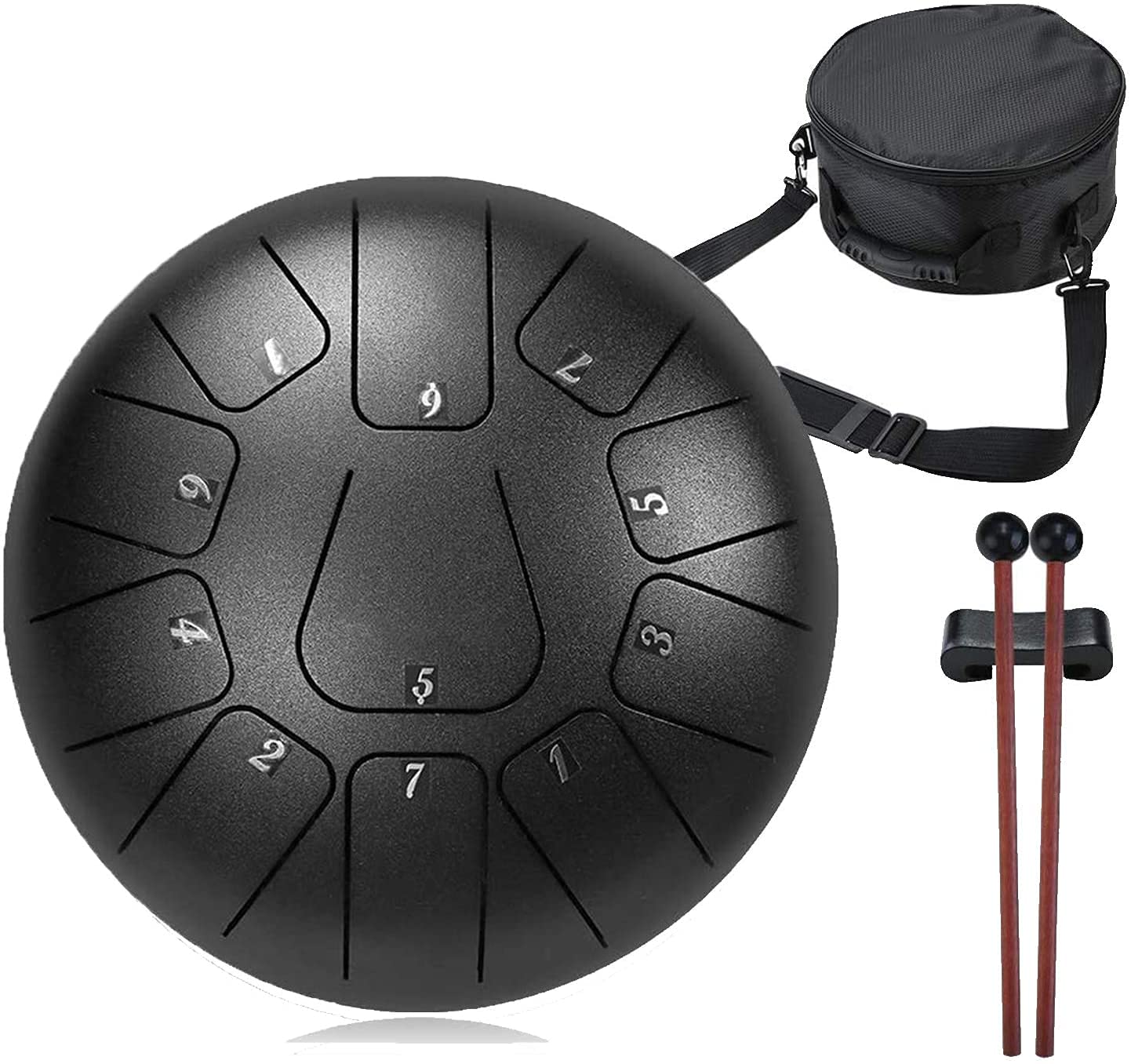 10 Inch Steel Tongue Drum 11 Notes Matte Black Pan Drum with Travel Bag, Mallets, Drumstick Bracket, Knocking Finger Picks and Music Book,Elegant Creative Handpan Drum