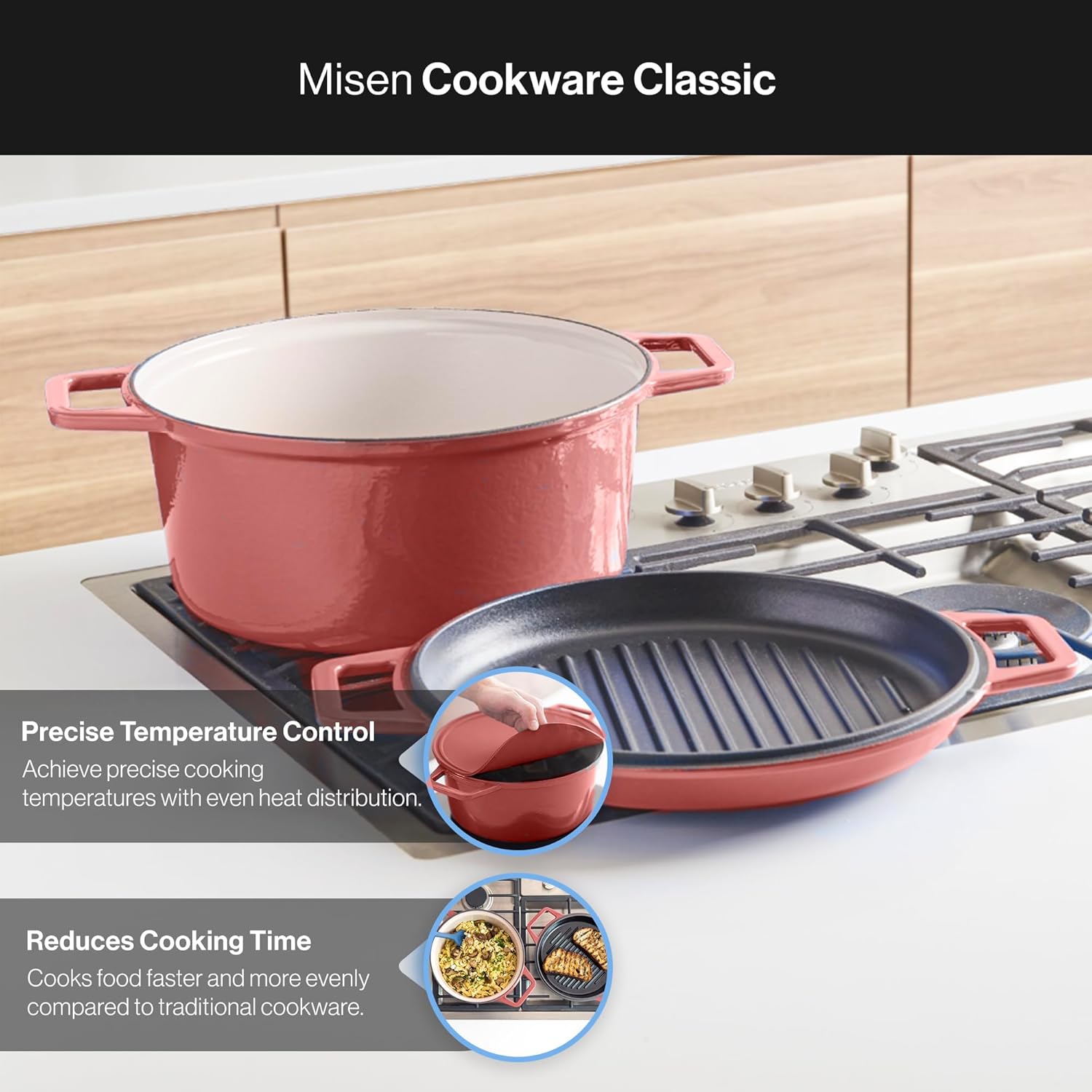 Misen 7 QT Enameled Cast Iron Dutch Oven - Chip-Resistant Enamel Coating - Thick Iron Core For Heat Retention - Large Cooking Surface - Oven Safe, Induction Compatible - Grill and Silicone Lid, Red