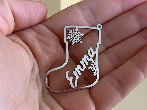 Miniatura 3 de Etiqueta de calcetín de Navidad con nombre personalizado, adorno plateado de acero inoxidable, decoración personalizada para árbol de vacaciones,