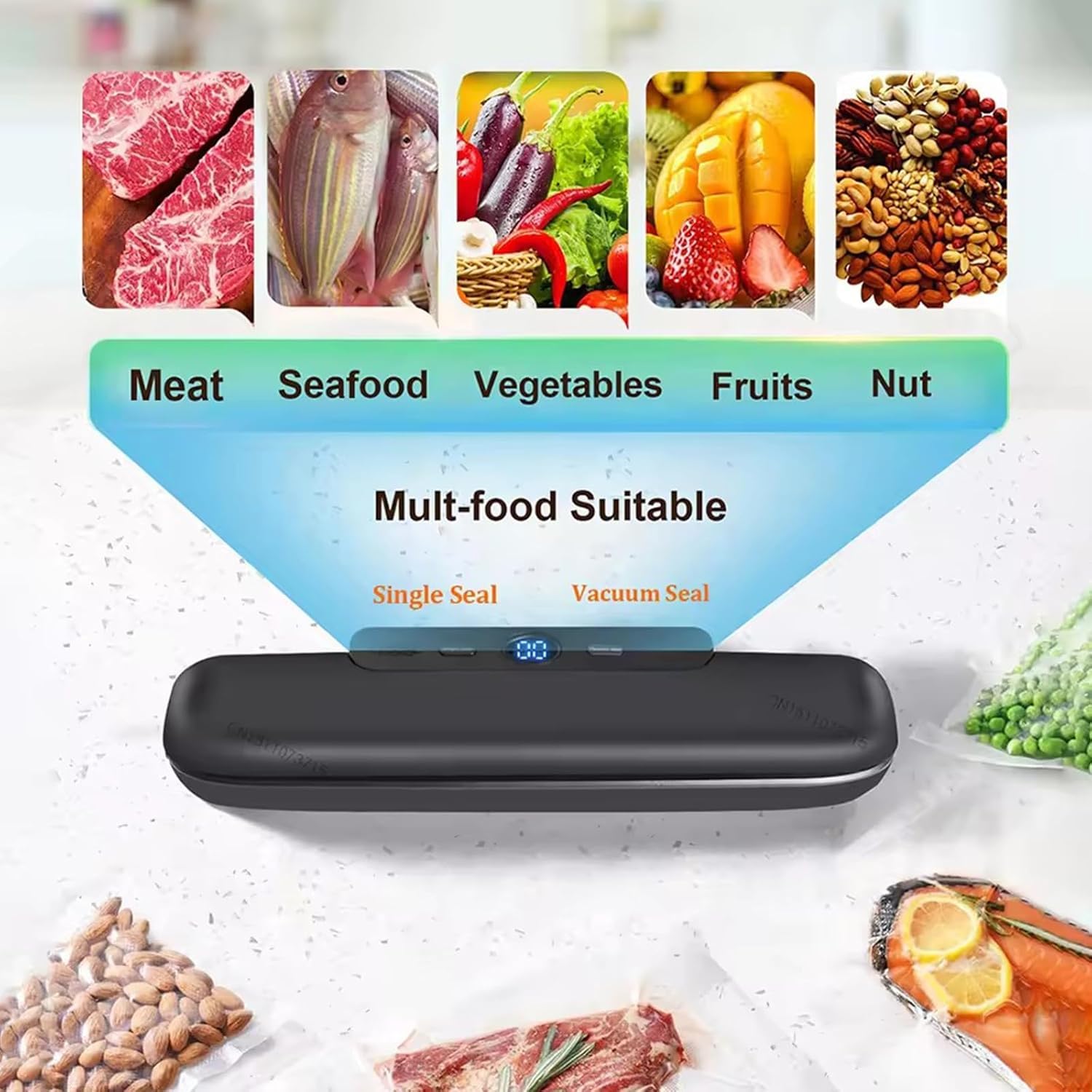 MeteMake Sottovuoto automatico per alimenti, sigillatura sottovuoto one-touch per la conservazione di alimenti secchi e umidi, macchina sottovuoto compatta (Nero puro)
