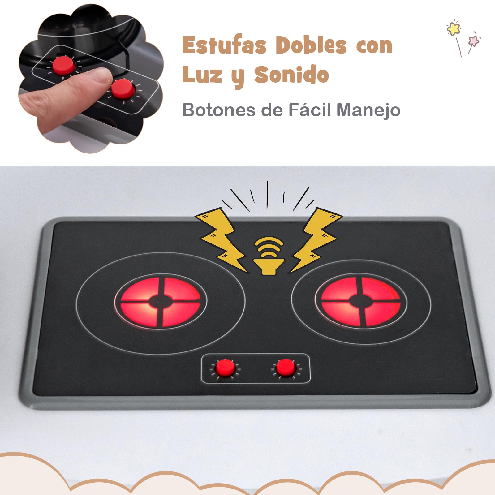 COSTWAY Cocina Juguete para Niños, Juego de Cocina Infantil con Sonido y Luces, Microondas, Horno, Fregadero, Lavadora, Juego de Cocina Infantil de Madera, a Partir de 3 años