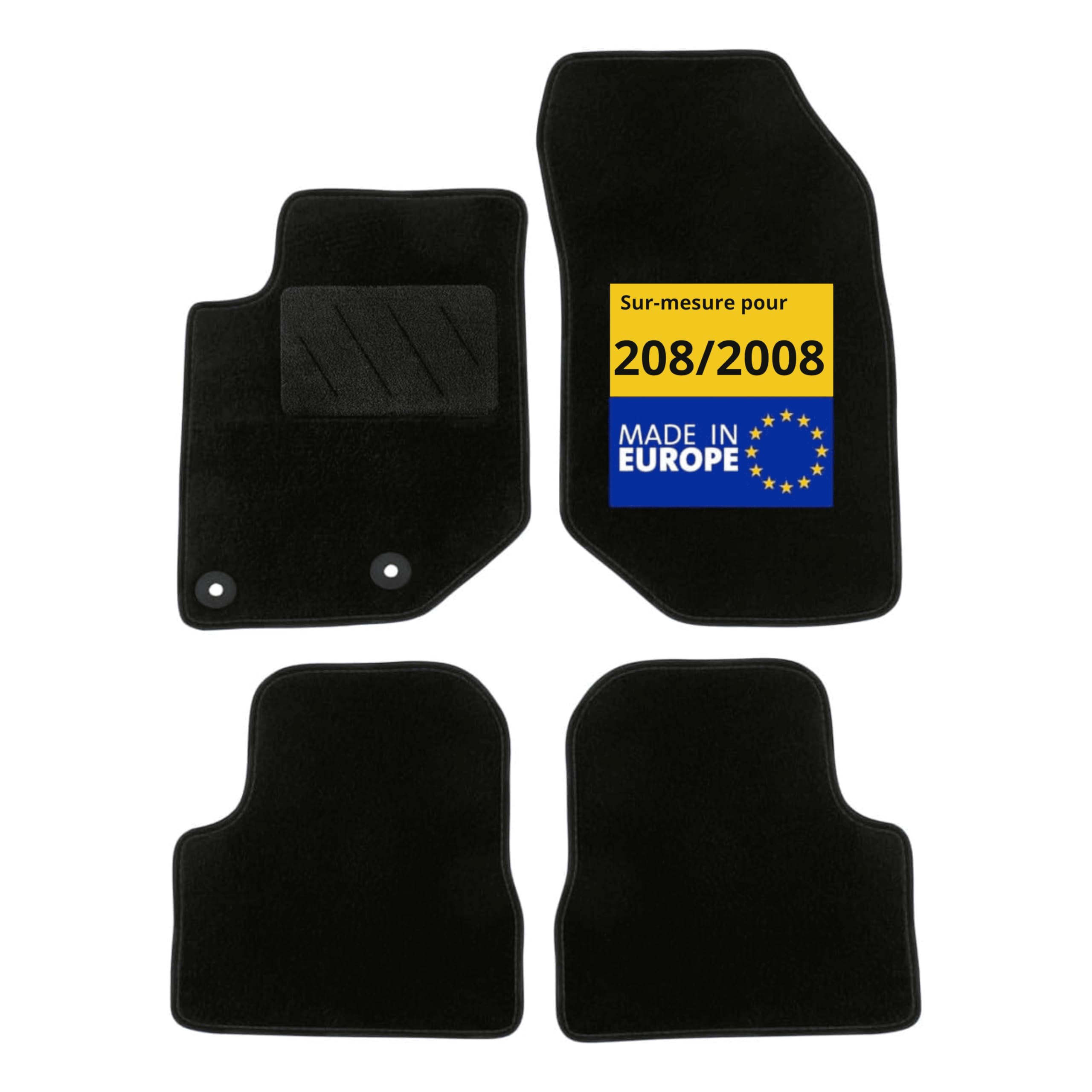DBS – Tapis de Voiture - sur Mesure pour Peugeot 208/2008 dès 10/2019 – Antidérapants avec Clips de Fixation – 4 Tapis Auto Avant/arrière – Moquette Noire