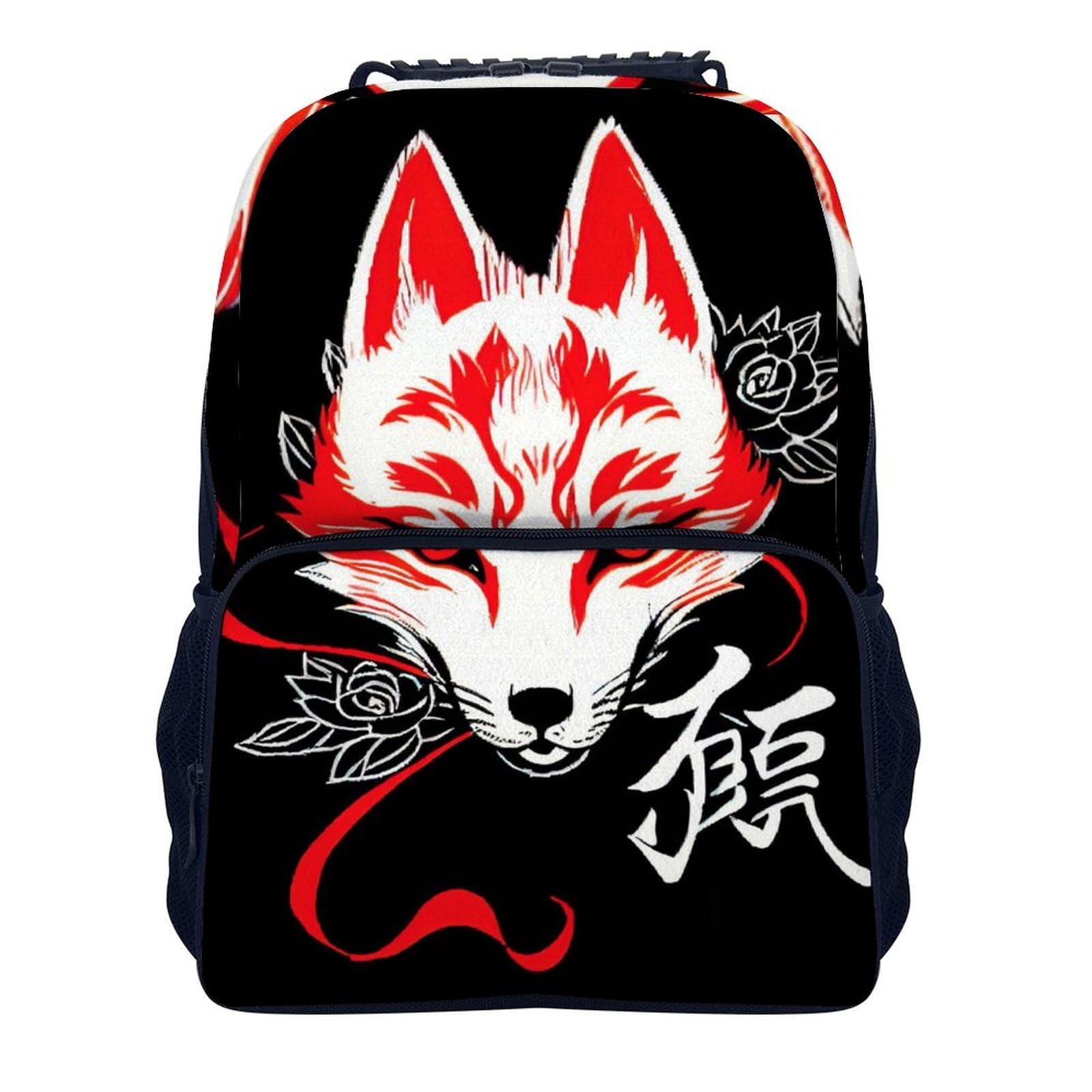 WUXEKZO Japanese Kitsune Mask Art Backpack Lightweight Anti-Theft Multipurpose Shoulder Bag Large Capacity Travel Hiking Backpack With Padded Straps